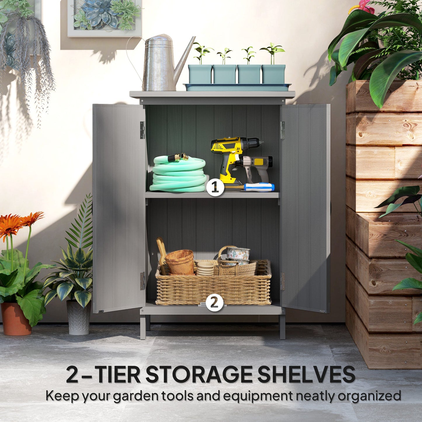 Outdoor Storage Cabinet, Wooden Garden Storage Shed with 2-Tier Shelves and Metal Tabletop, Outdoor Tool Shed with Magnetic Doors for Backyard, Patio, Lawn, Grey