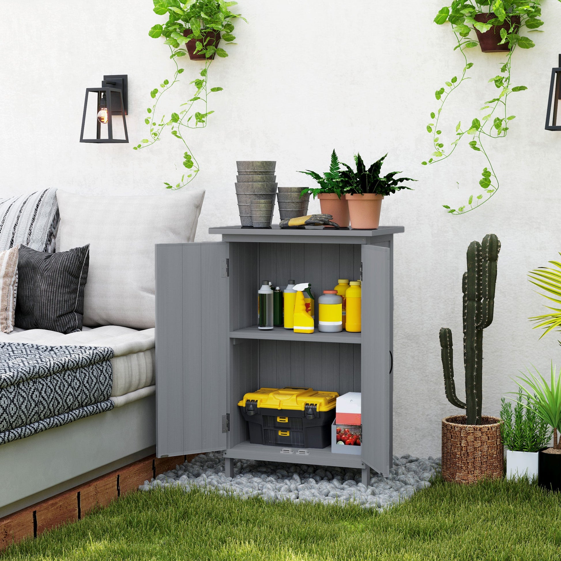 Outdoor Storage Cabinet, Wooden Garden Storage Shed with 2-Tier Shelves and Metal Tabletop, Outdoor Tool Shed with Magnetic Doors for Backyard, Patio, Lawn, Grey