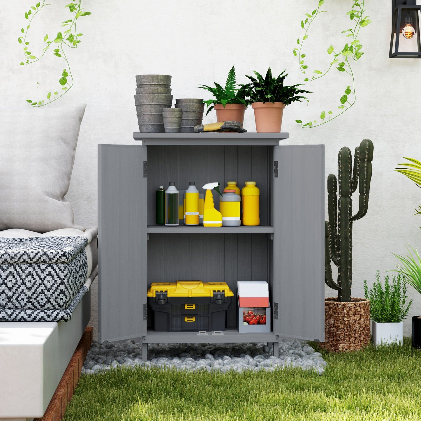 Outdoor Storage Cabinet, Wooden Garden Storage Shed with 2-Tier Shelves and Metal Tabletop, Outdoor Tool Shed with Magnetic Doors for Backyard, Patio, Lawn, Grey