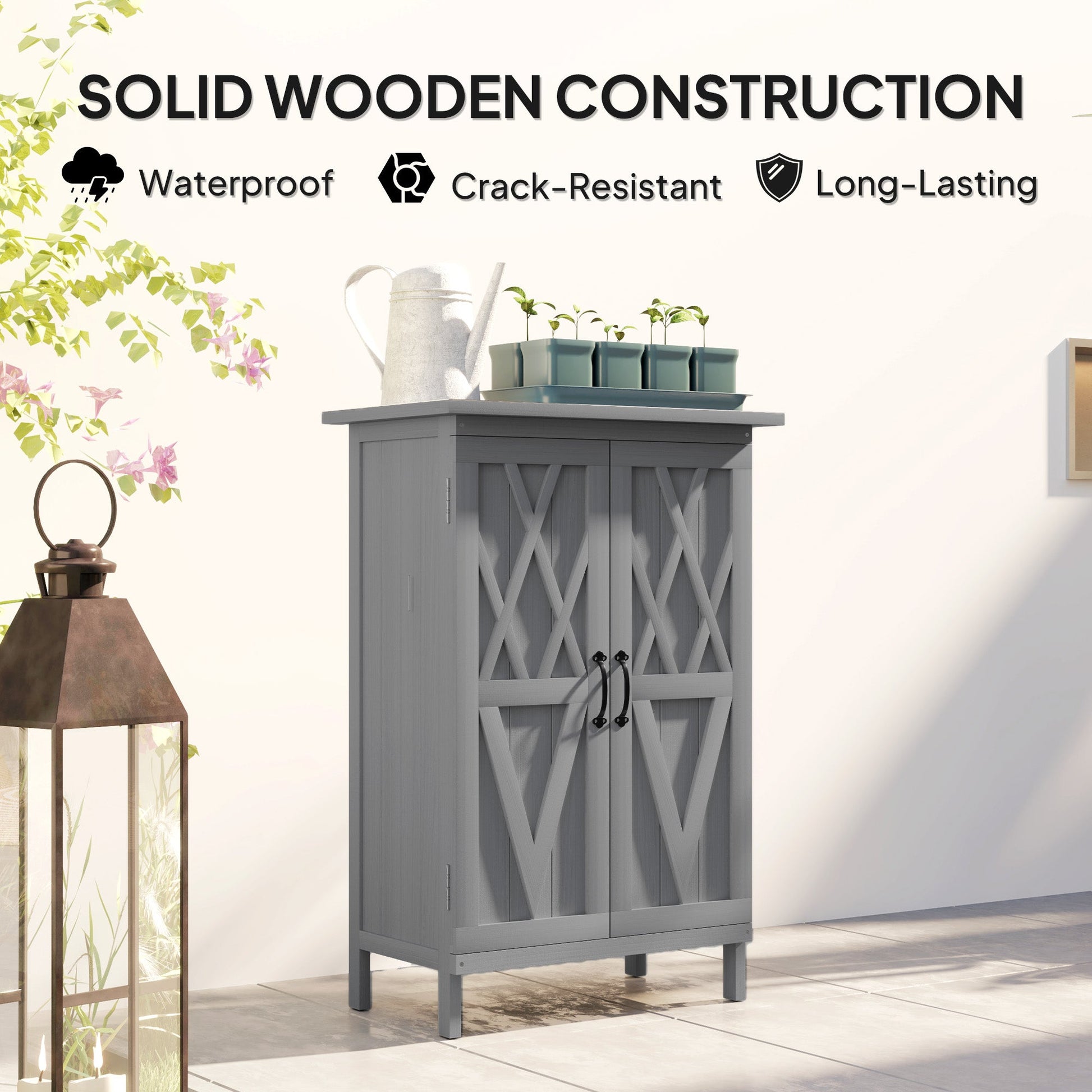 Outdoor Storage Cabinet, Wooden Garden Storage Shed with 2-Tier Shelves and Metal Tabletop, Outdoor Tool Shed with Magnetic Doors for Backyard, Patio, Lawn, Grey