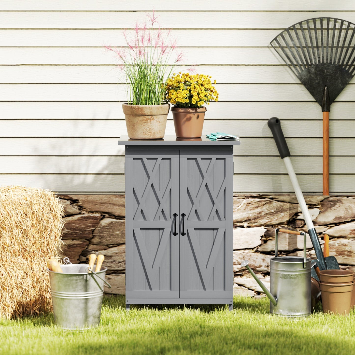 Outdoor Storage Cabinet, Wooden Garden Storage Shed with 2-Tier Shelves and Metal Tabletop, Outdoor Tool Shed with Magnetic Doors for Backyard, Patio, Lawn, Grey