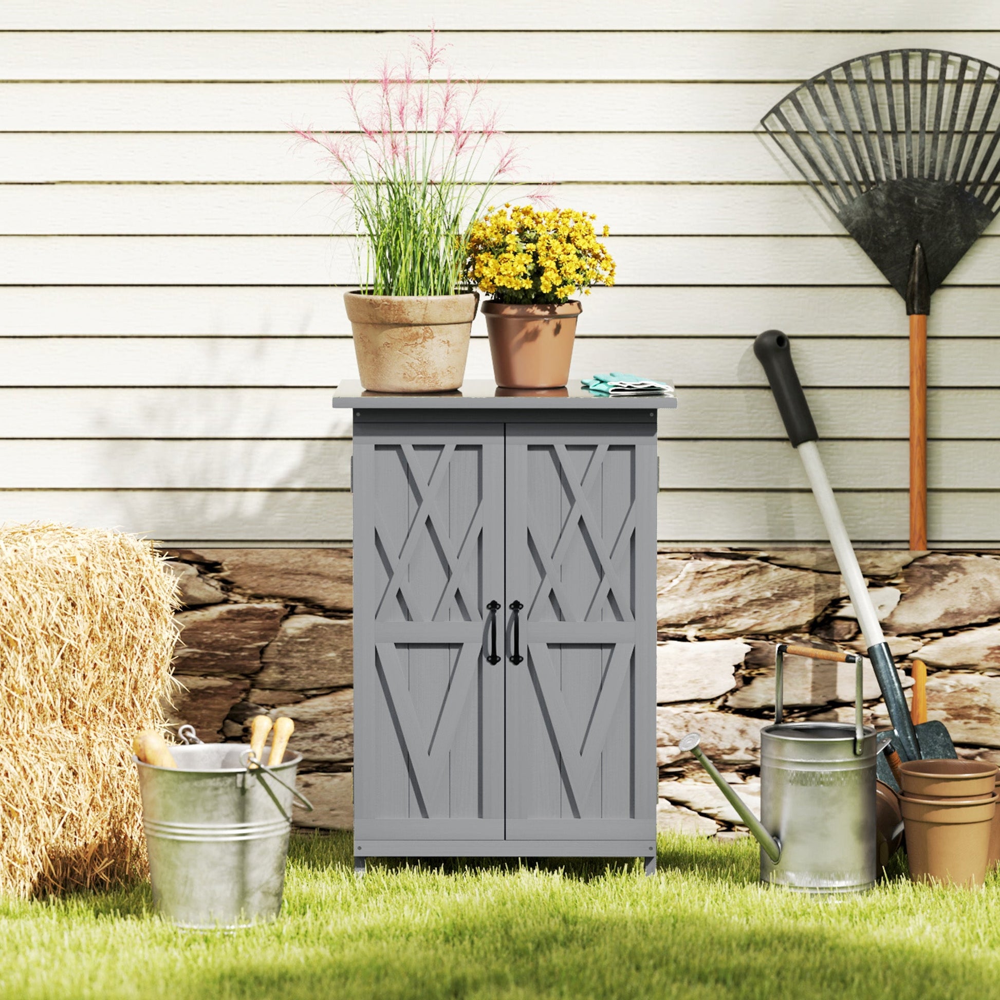 Outdoor Storage Cabinet, Wooden Garden Storage Shed with 2-Tier Shelves and Metal Tabletop, Outdoor Tool Shed with Magnetic Doors for Backyard, Patio, Lawn, Grey