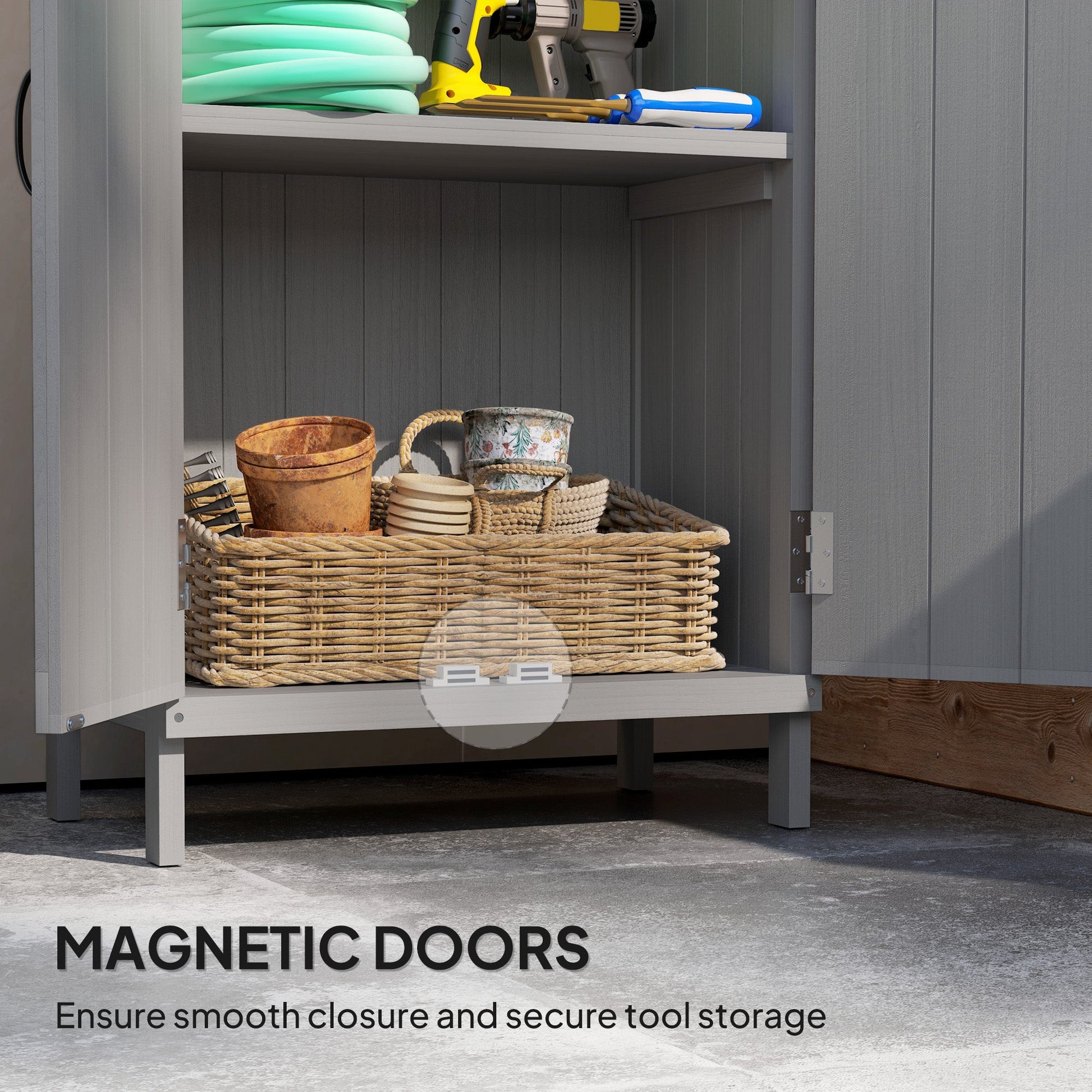 Outdoor Storage Cabinet, Wooden Garden Storage Shed with 2-Tier Shelves and Metal Tabletop, Outdoor Tool Shed with Magnetic Doors for Backyard, Patio, Lawn, Grey
