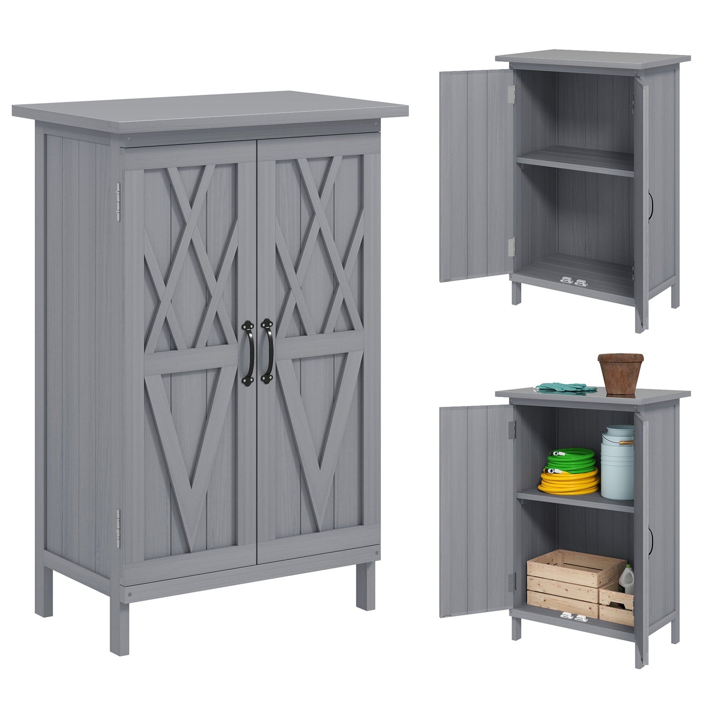 Outdoor Storage Cabinet, Wooden Garden Storage Shed with 2-Tier Shelves and Metal Tabletop, Outdoor Tool Shed with Magnetic Doors for Backyard, Patio, Lawn, Grey
