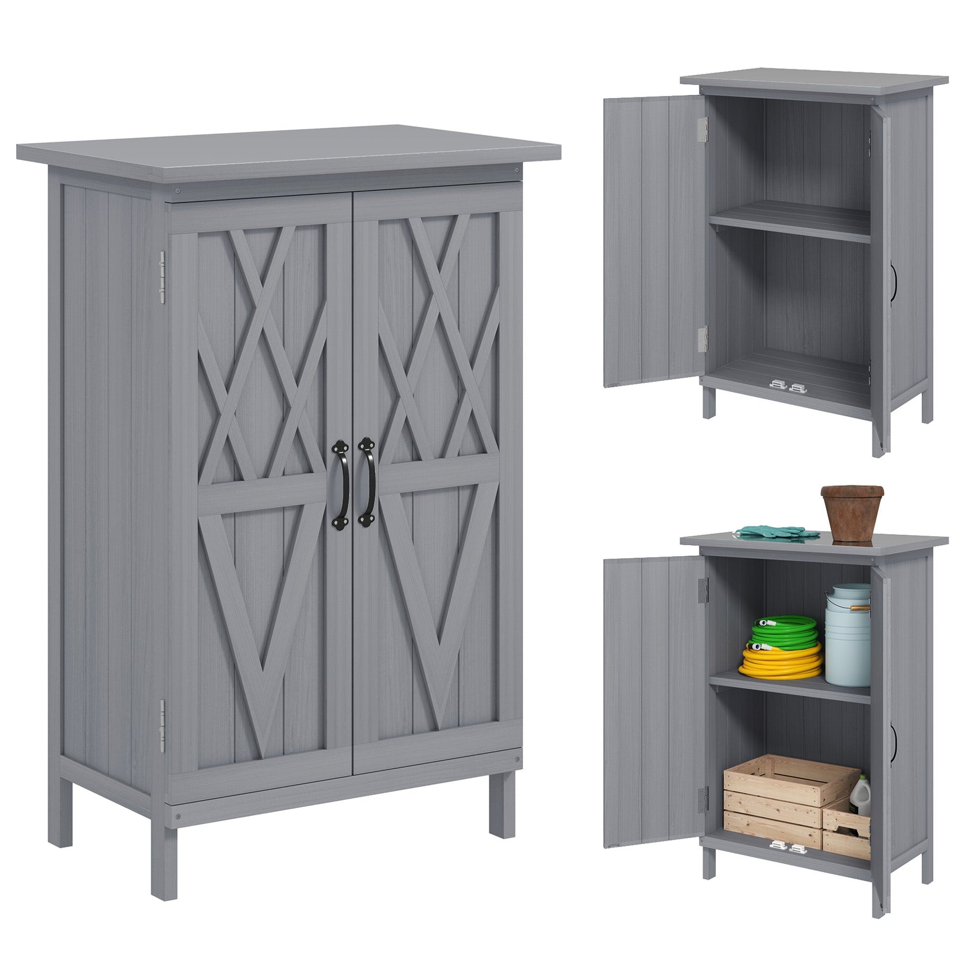 Outdoor Storage Cabinet, Wooden Garden Storage Shed with 2-Tier Shelves and Metal Tabletop, Outdoor Tool Shed with Magnetic Doors for Backyard, Patio, Lawn, Grey