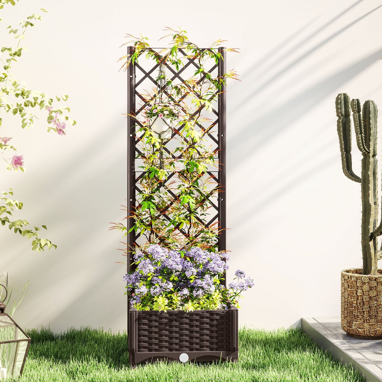 Raised Garden Bed with Trellis, Plastic Outdoor Planter Box with Drainage Holes and Drain Plugs, Raised Flower Bed for Patio, Backyard, Balcony, 16" x 16" x 48"