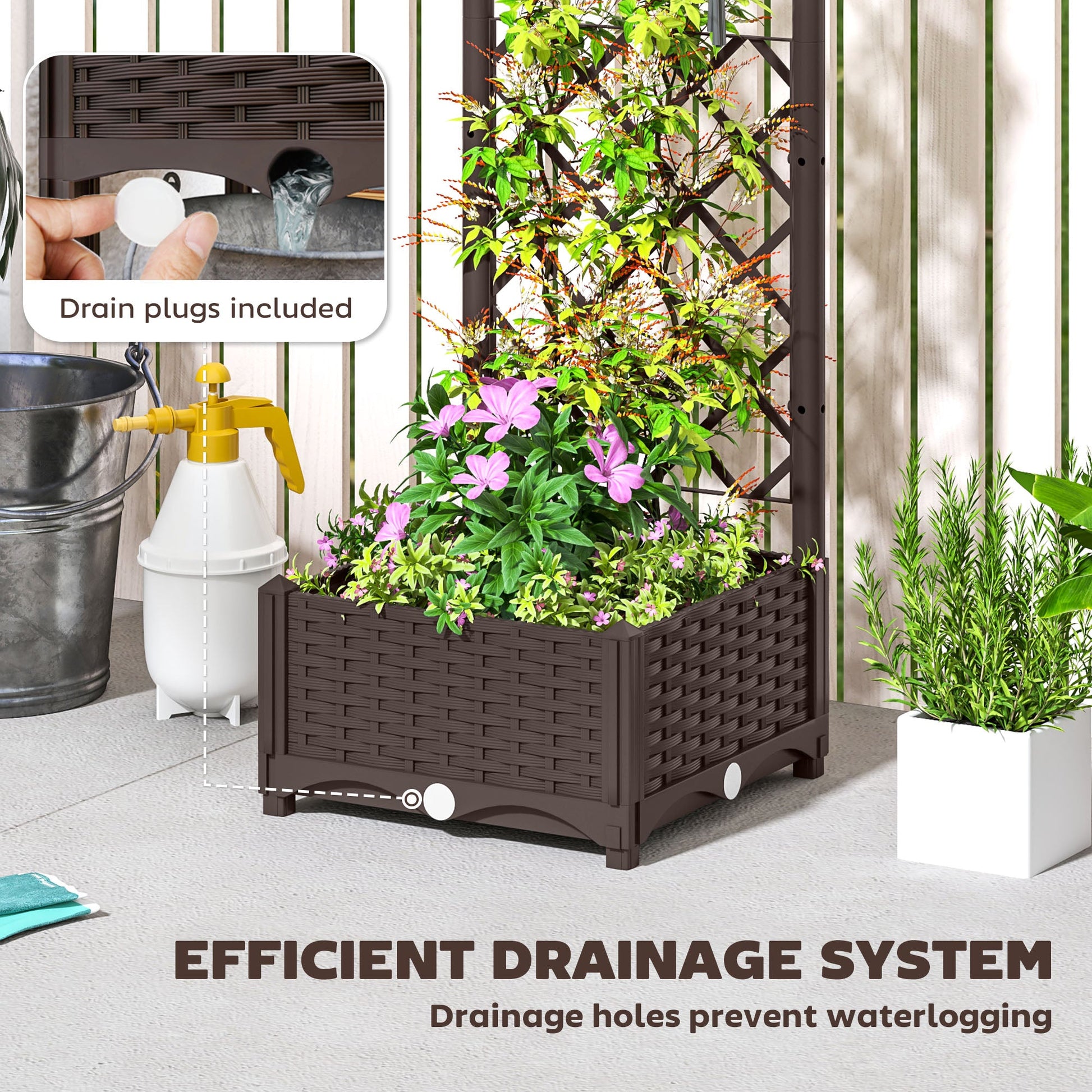 Raised Garden Bed with Trellis, Plastic Outdoor Planter Box with Drainage Holes and Drain Plugs, Raised Flower Bed for Patio, Backyard, Balcony, 16" x 16" x 48"