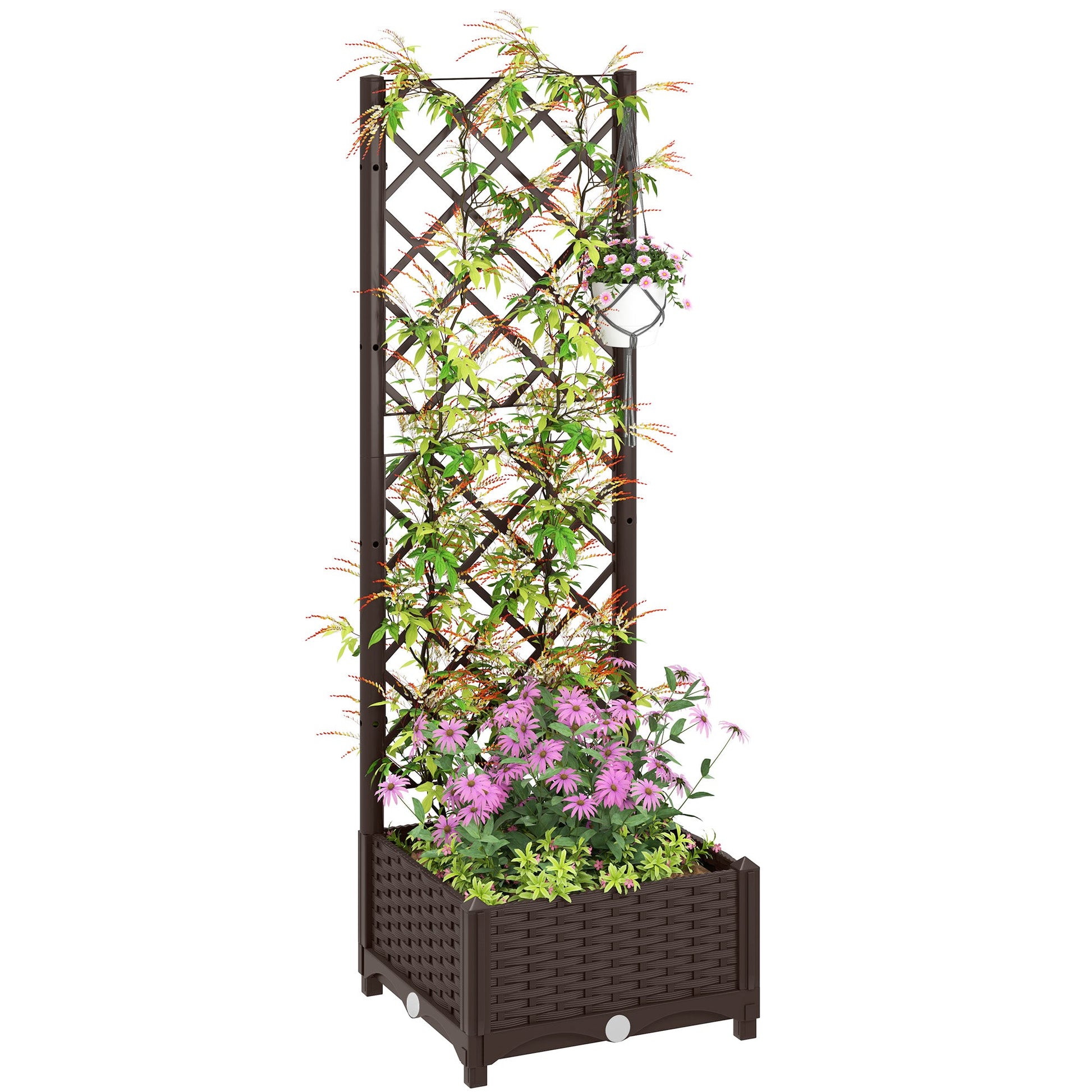Raised Garden Bed with Trellis, Plastic Outdoor Planter Box with Drainage Holes and Drain Plugs, Raised Flower Bed for Patio, Backyard, Balcony, 16" x 16" x 48"