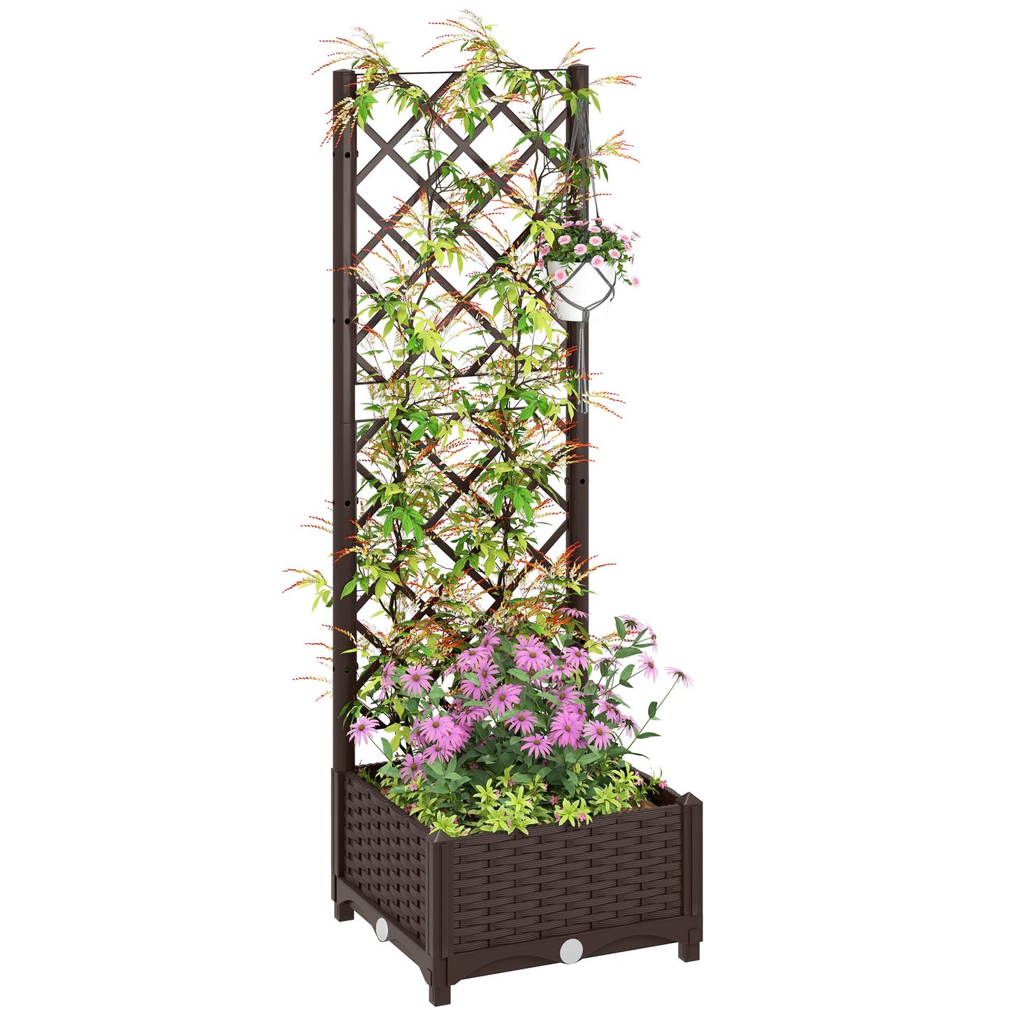 Raised Garden Bed with Trellis, Plastic Outdoor Planter Box with Drainage Holes and Drain Plugs, Raised Flower Bed for Patio, Backyard, Balcony, 16" x 16" x 48"