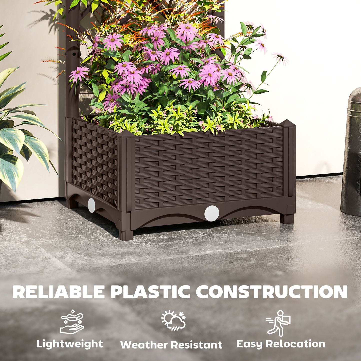 Raised Garden Bed with Trellis, Plastic Outdoor Planter Box with Drainage Holes and Drain Plugs, Raised Flower Bed for Patio, Backyard, Balcony, 16" x 16" x 48"