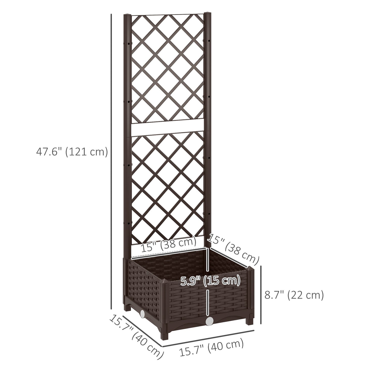 Raised Garden Bed with Trellis, Plastic Outdoor Planter Box with Drainage Holes and Drain Plugs, Raised Flower Bed for Patio, Backyard, Balcony, 16" x 16" x 48"