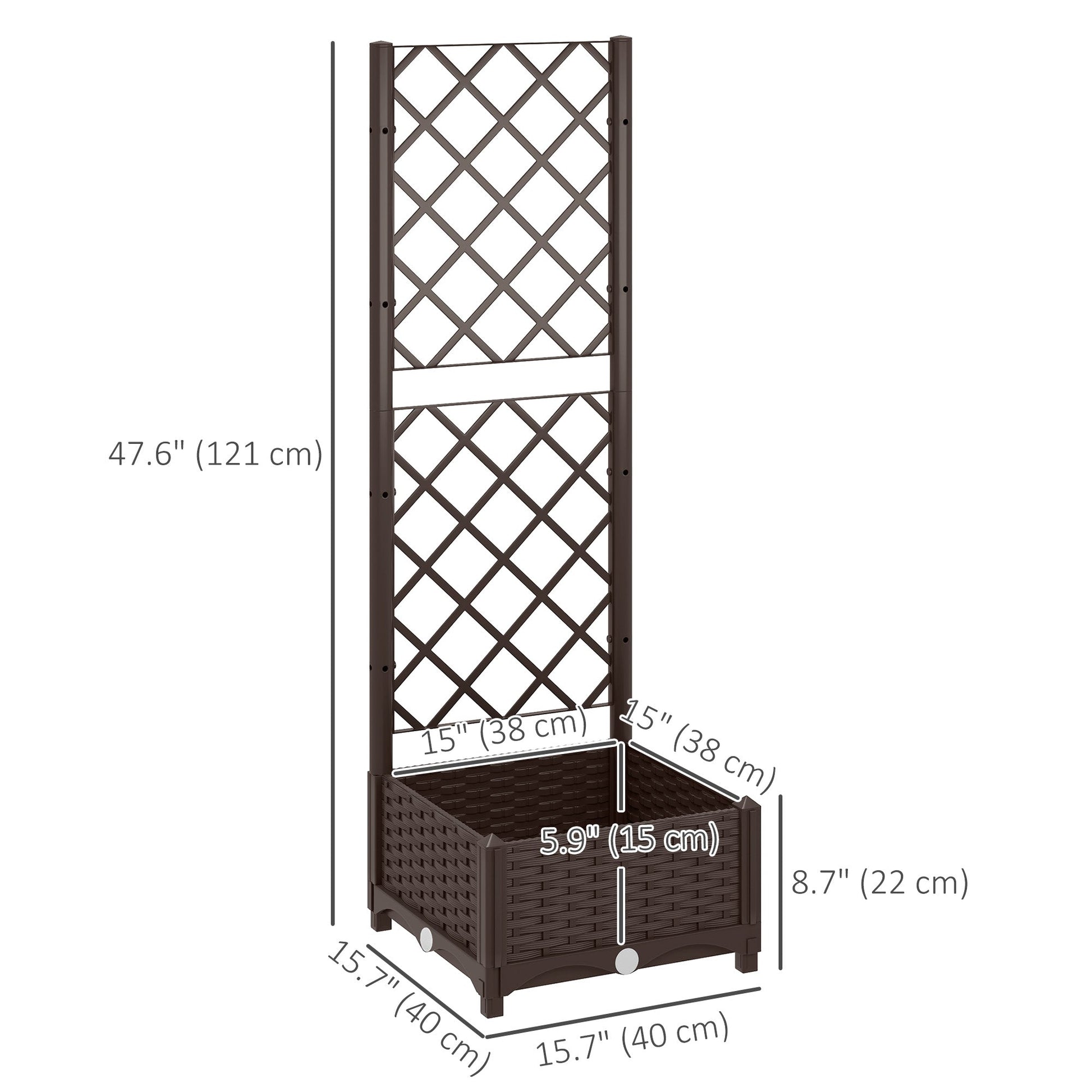 Raised Garden Bed with Trellis, Plastic Outdoor Planter Box with Drainage Holes and Drain Plugs, Raised Flower Bed for Patio, Backyard, Balcony, 16" x 16" x 48"