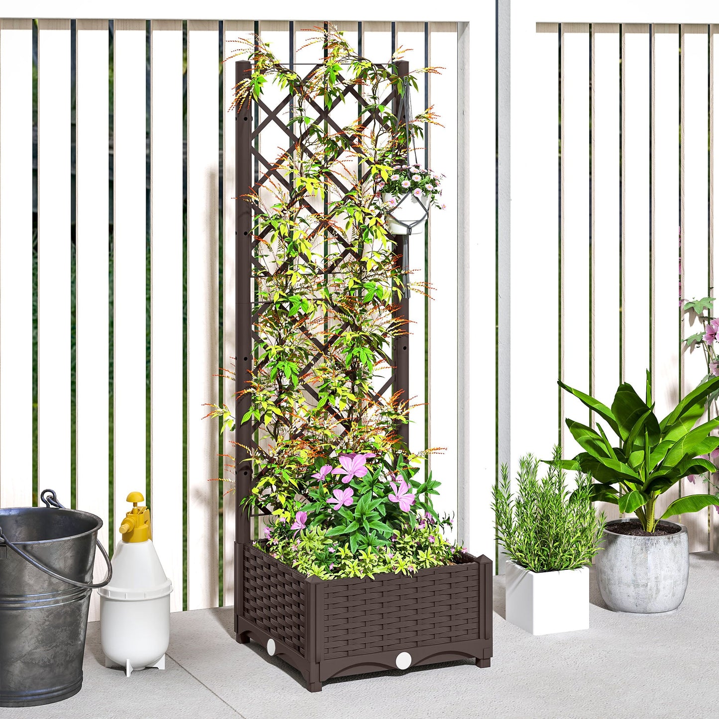 Raised Garden Bed with Trellis, Plastic Outdoor Planter Box with Drainage Holes and Drain Plugs, Raised Flower Bed for Patio, Backyard, Balcony, 16" x 16" x 48"