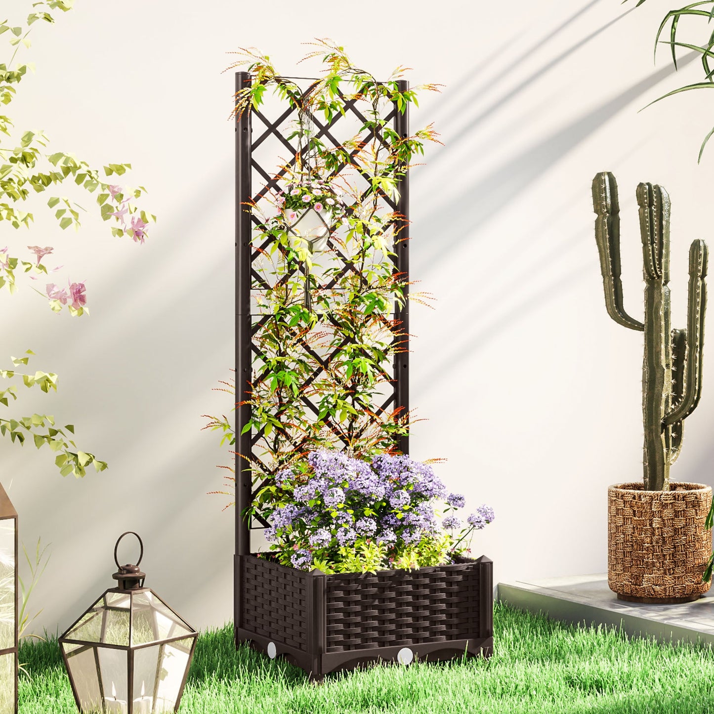 Raised Garden Bed with Trellis, Plastic Outdoor Planter Box with Drainage Holes and Drain Plugs, Raised Flower Bed for Patio, Backyard, Balcony, 16" x 16" x 48"
