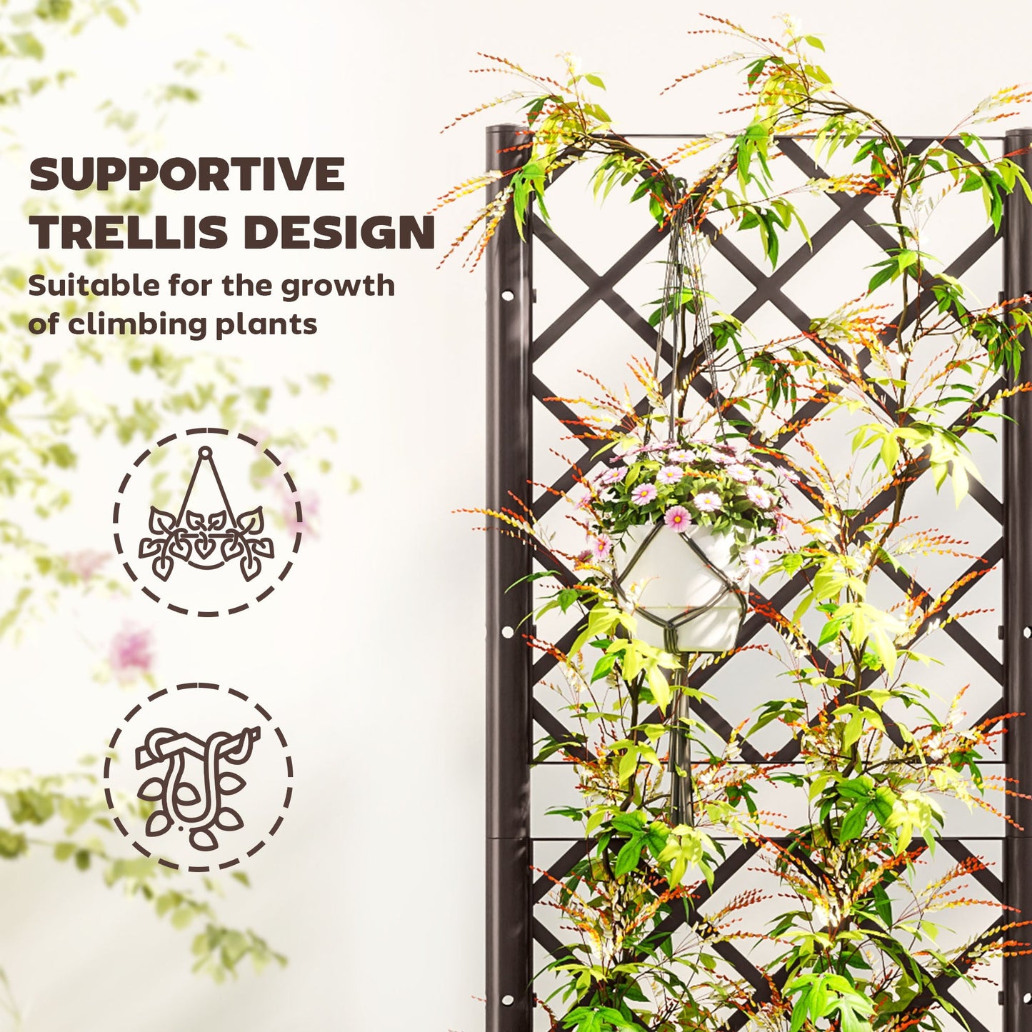 Raised Garden Bed with Trellis, Plastic Outdoor Planter Box with Drainage Holes and Drain Plugs, Raised Flower Bed for Patio, Backyard, Balcony, 16" x 16" x 48"