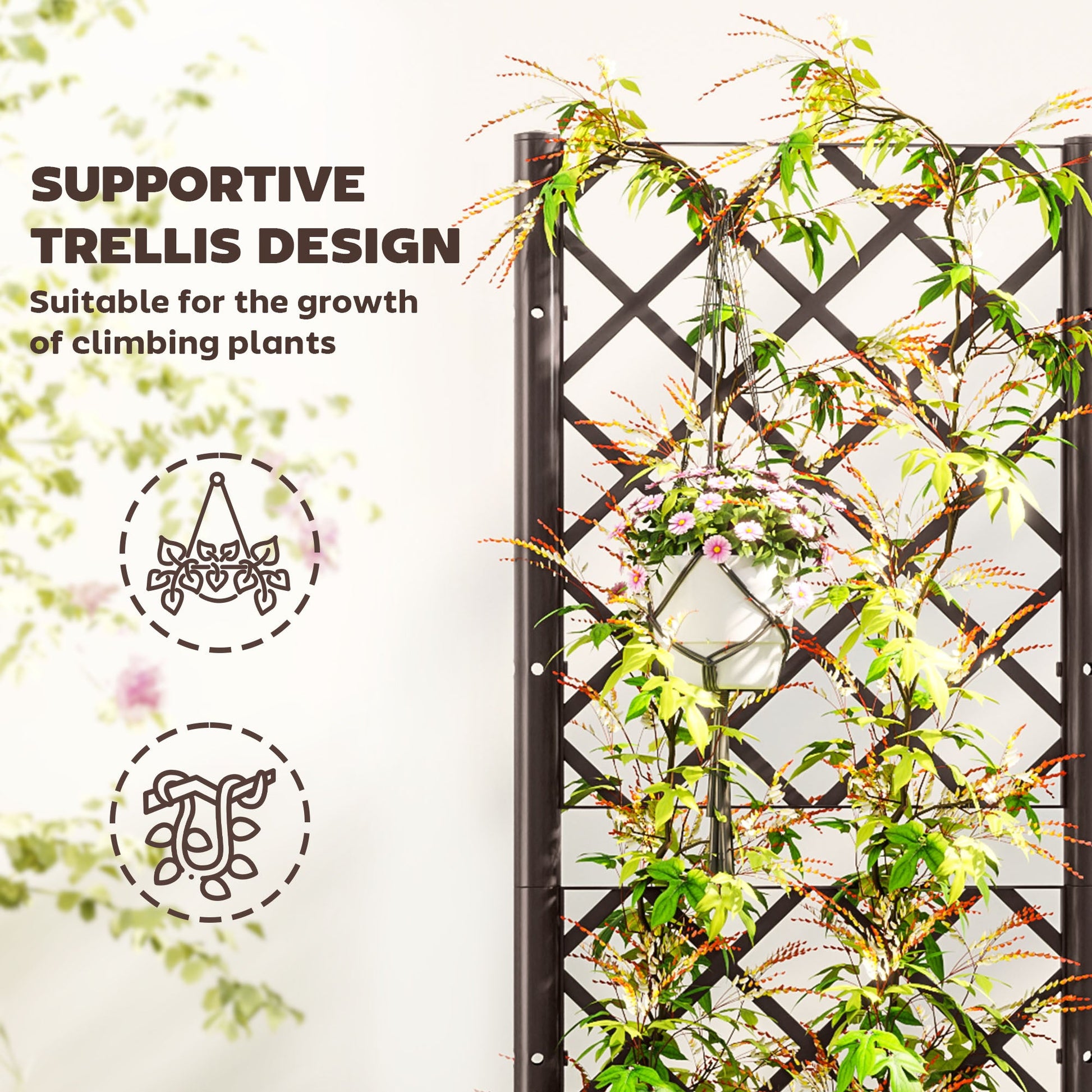 Raised Garden Bed with Trellis, Plastic Outdoor Planter Box with Drainage Holes and Drain Plugs, Raised Flower Bed for Patio, Backyard, Balcony, 16" x 16" x 48"