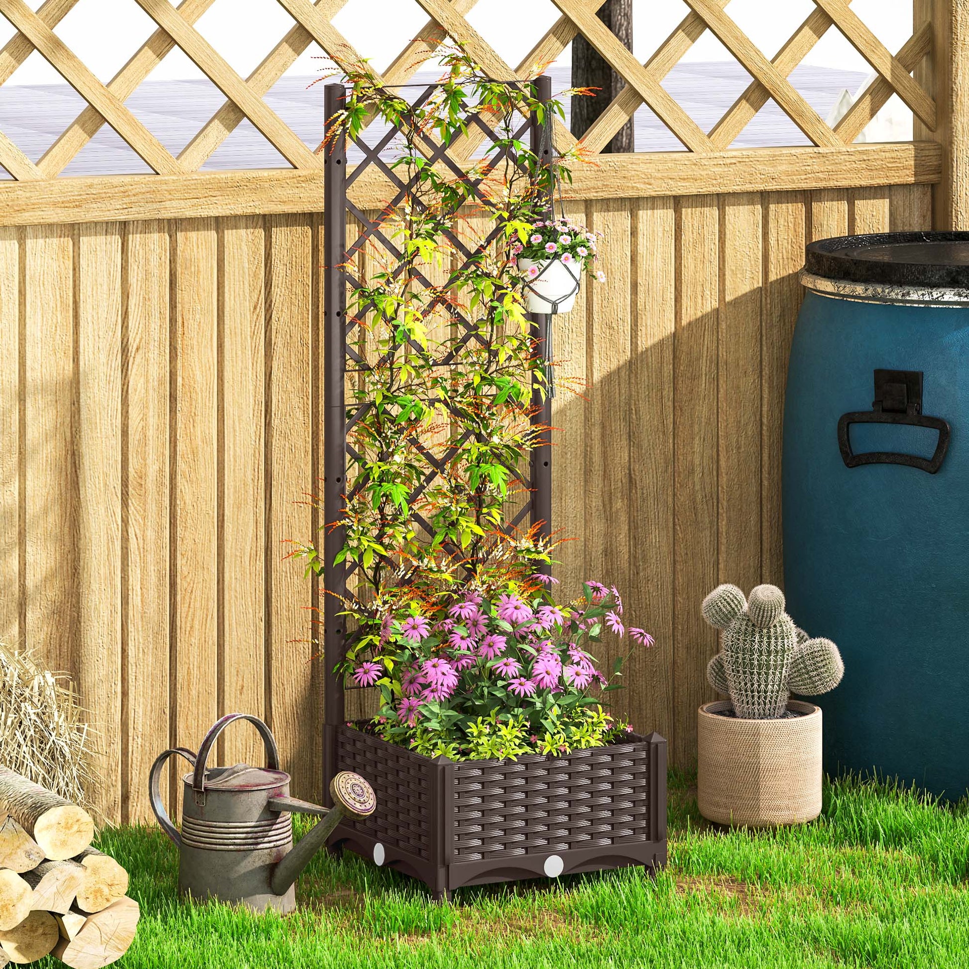 Raised Garden Bed with Trellis, Plastic Outdoor Planter Box with Drainage Holes and Drain Plugs, Raised Flower Bed for Patio, Backyard, Balcony, 16" x 16" x 48"