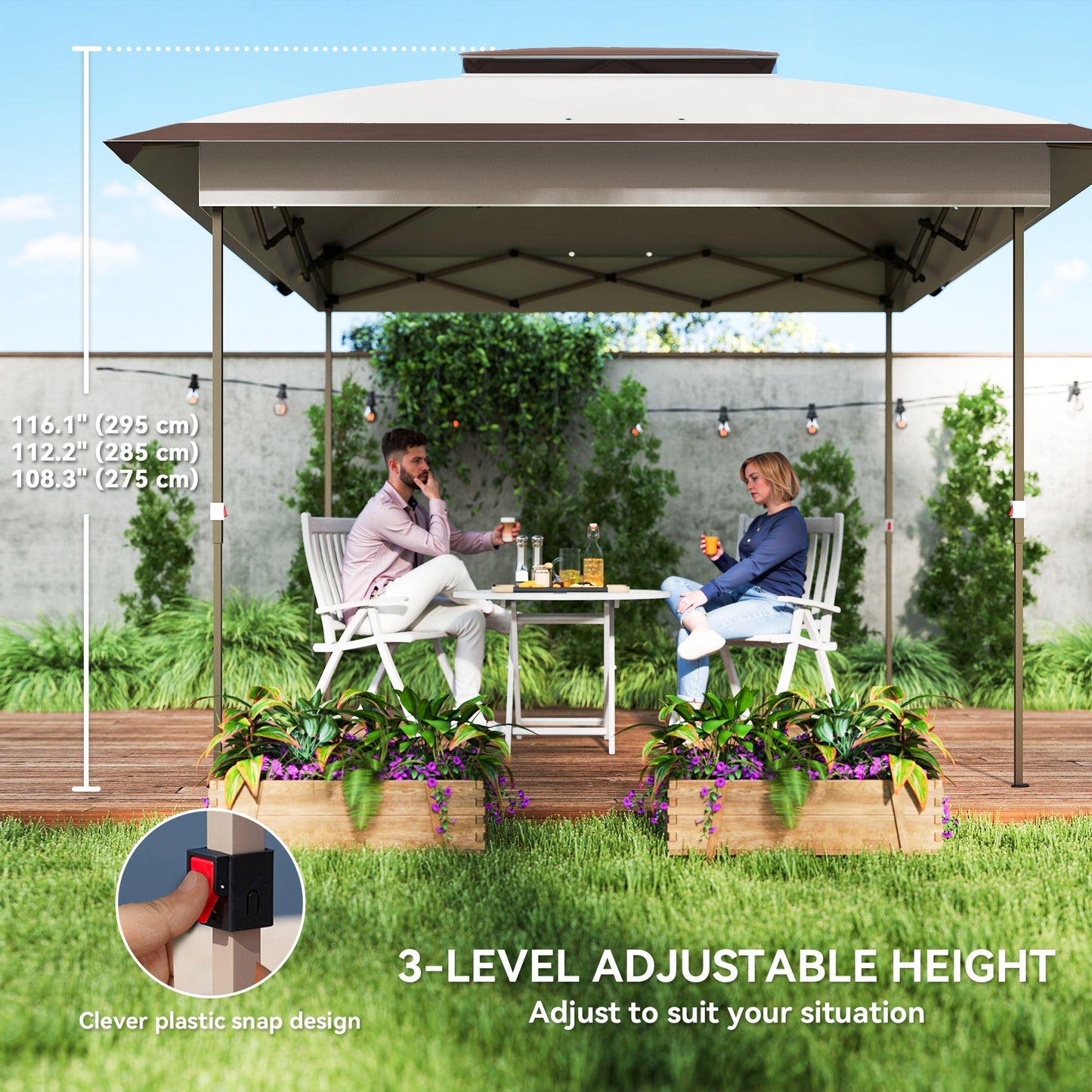12' x 12' Pop Up Canopy Sun Shade Instant Tent Folding with Mesh Sidewalls, 3-Level Adjustable Height and Storage Bag, Beige and Dark Brown
