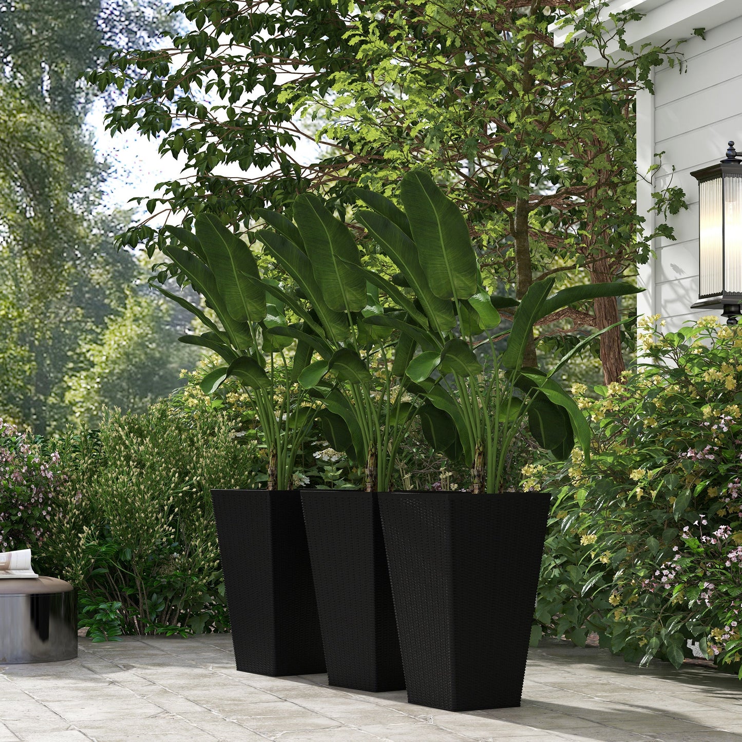 Set of 3 Tall Planters for Outdoor Plants with Drainage Hole, Indoor Outdoor Planter Flower Pot Set for Front Door, Entryway, Patio and Deck, Black