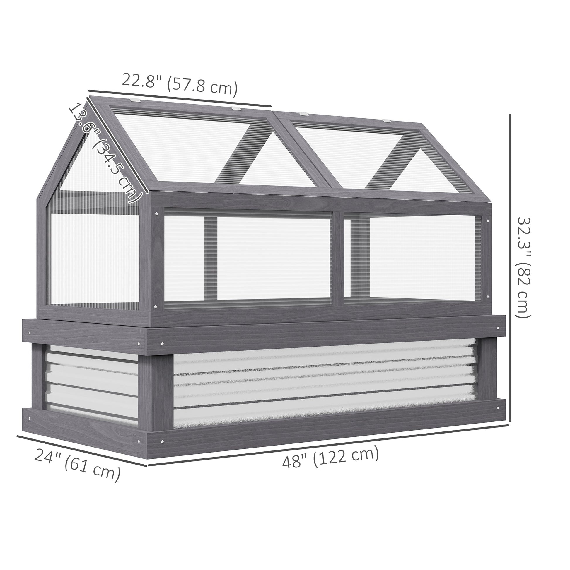 Wooden Cold Frame Greenhouse, Raised Garden Bed with Polycarbonate Greenhouse, Flower Planter Protection, 48" x 24" x 32", Grey