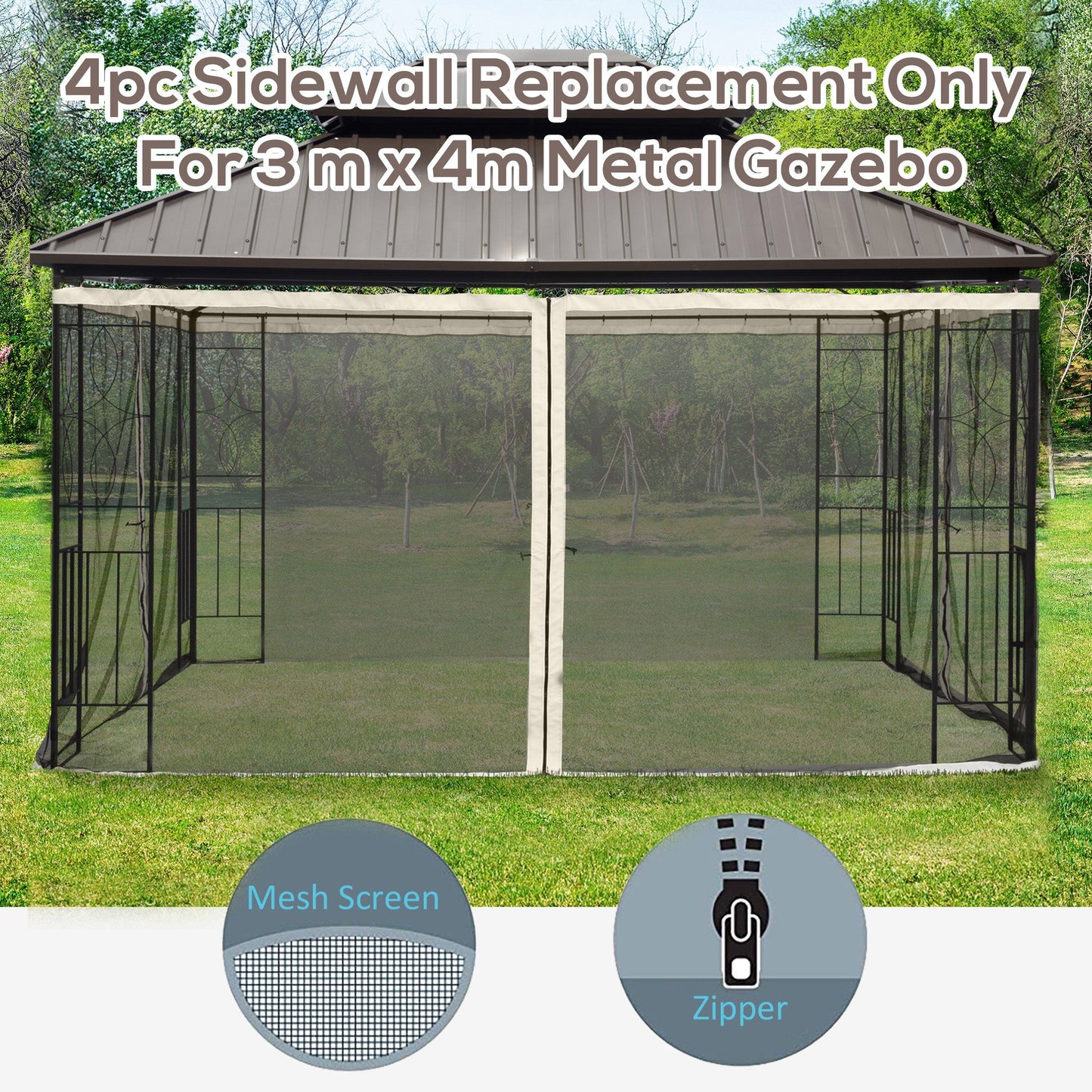 Replacement Mosquito Netting for Gazebo 10' x 13' Black Screen Walls for Canopy with Zippers for Parties and Outdoor Activities, Cream White