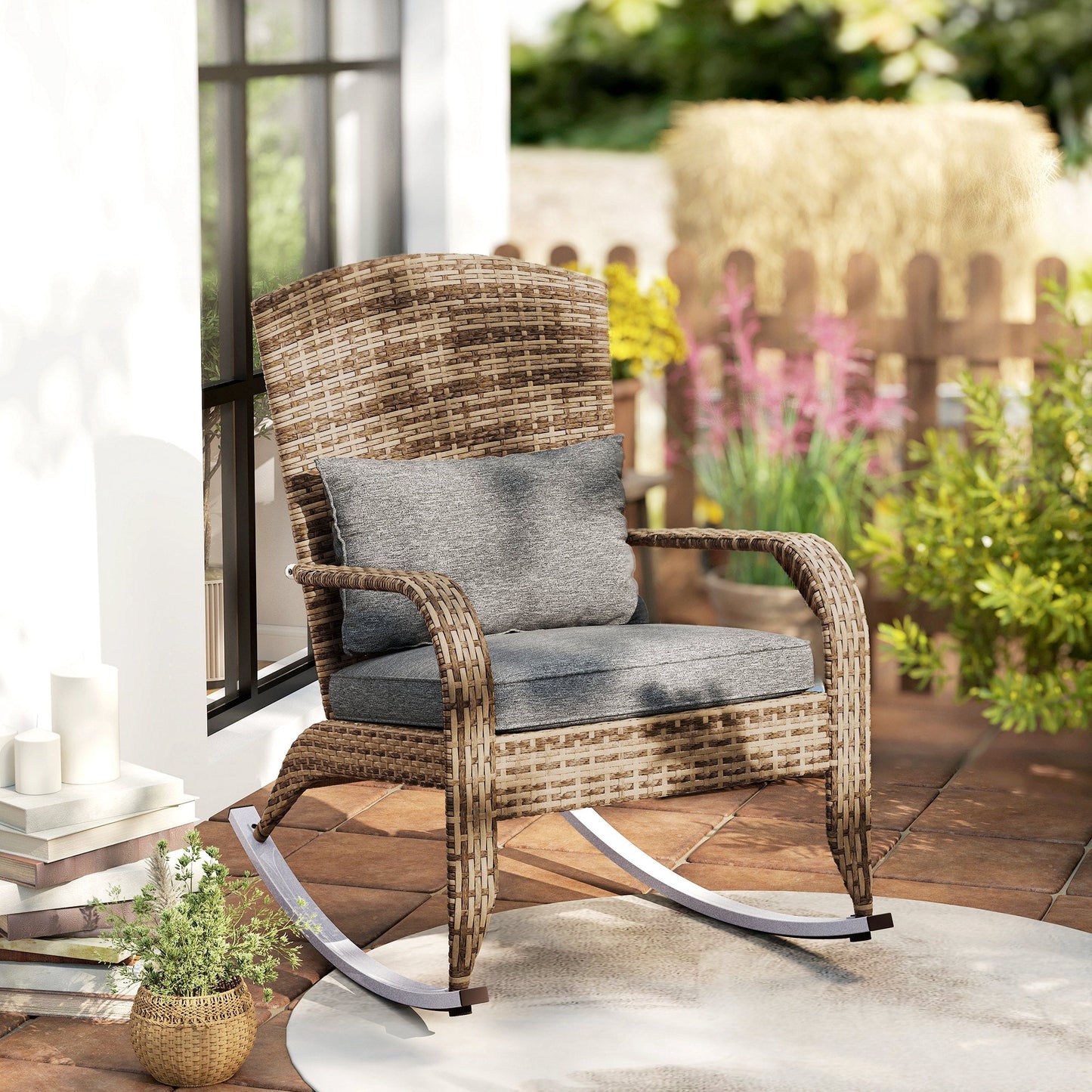 Outdoor Wicker Adirondack Rocking Chair, Patio Rattan Rocker Chair with High Back, Seat Cushion and Pillow for Garden, Porch, Balcony, Grey/Mixed Yellow