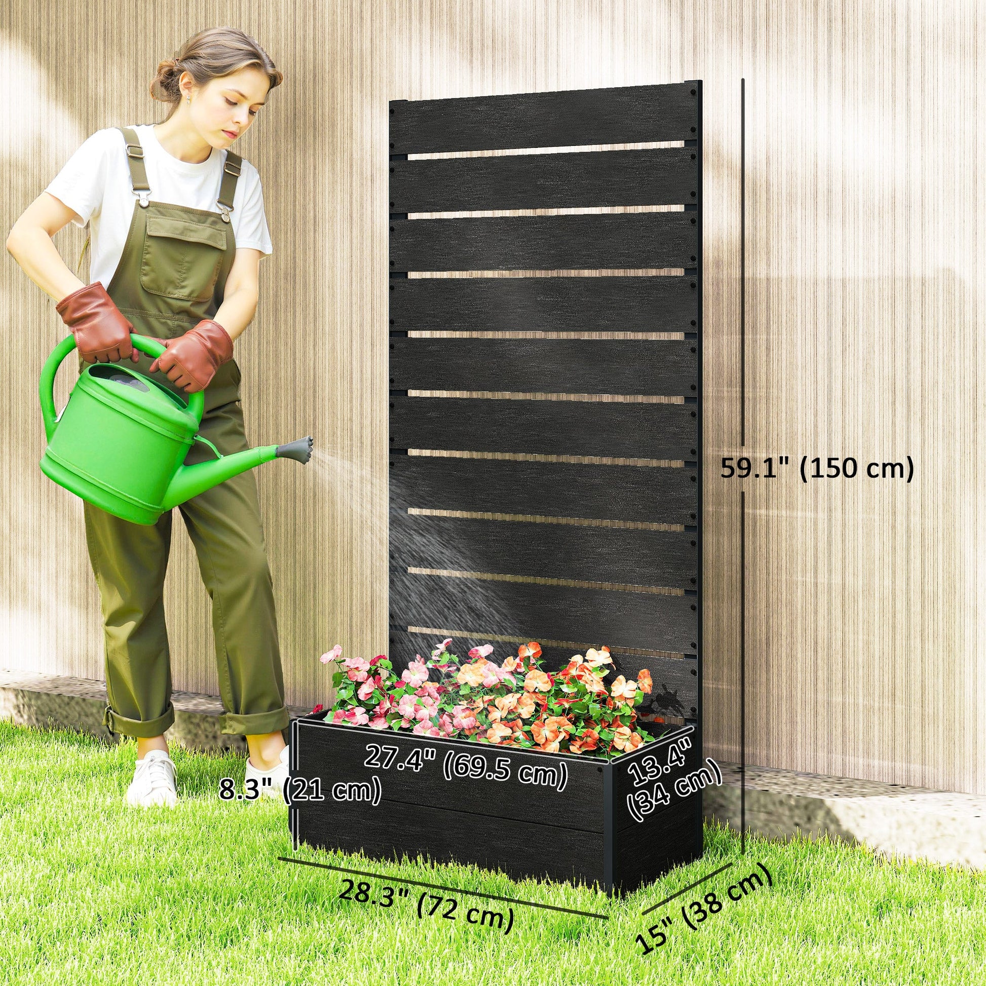 Raised Garden Bed with Trellis, 28" x 15" x 59" Freestanding Planter Box with Self Draining Gap, Elevated Planter for Climbing Vines, Flowers, Vegetables, Black