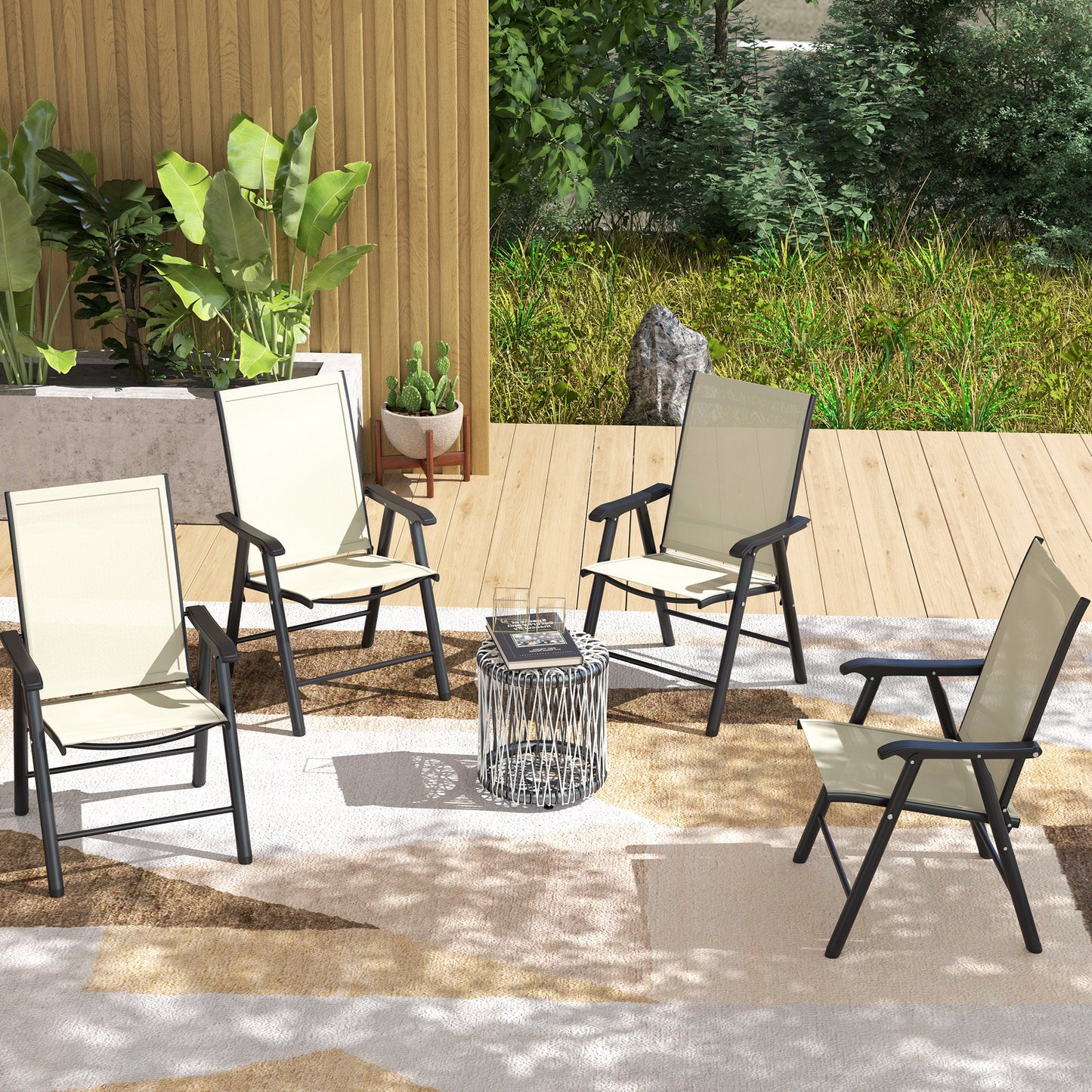 4-Piece Folding Dining Chair Set for Relaxing on Patio, Balcony, or Garden, Comfortable Outdoor Furniture with Armrests, Beige