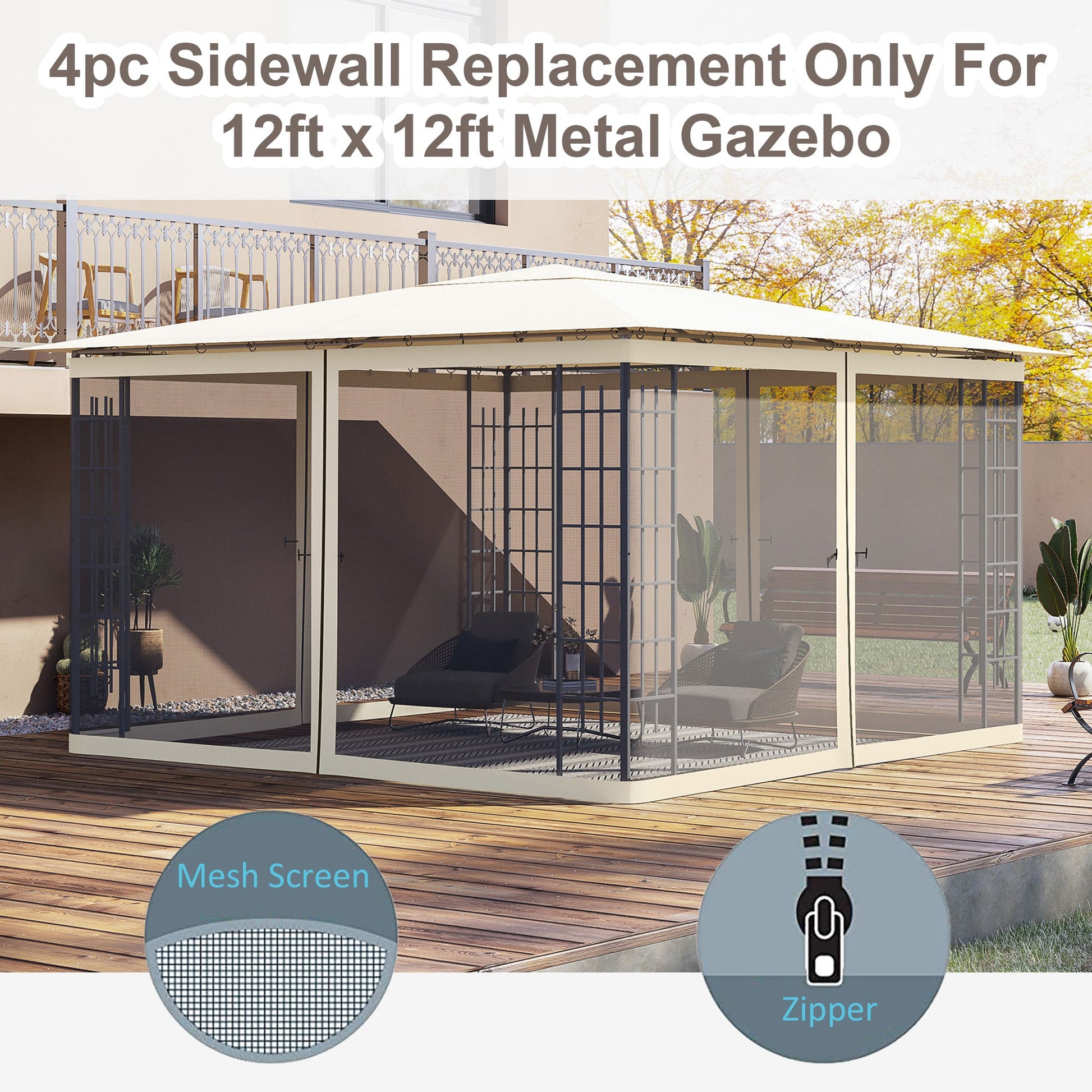 Replacement Mosquito Netting for Gazebo 12' x 12' Black Screen Walls for Canopy with Zippers for Parties and Outdoor Activities, Cream White