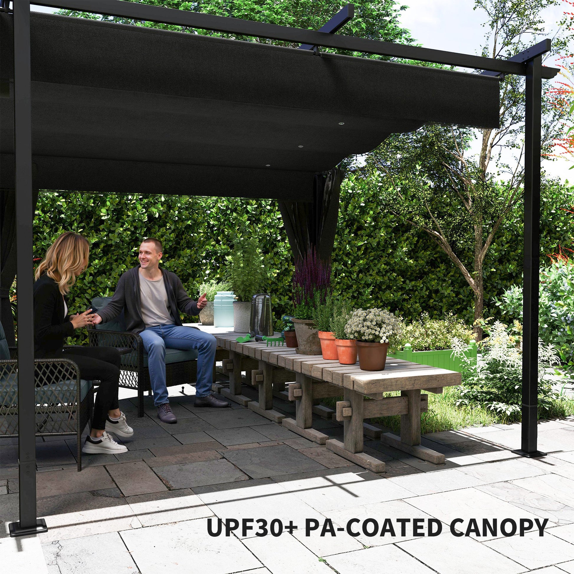 10' x 20' Retractable Pergola Canopy with Sidewalls, Metal Outdoor Gazebo UPF30+ Sun Shade Shelter for Garden, Porch, Patio, Deck, Dark Grey
