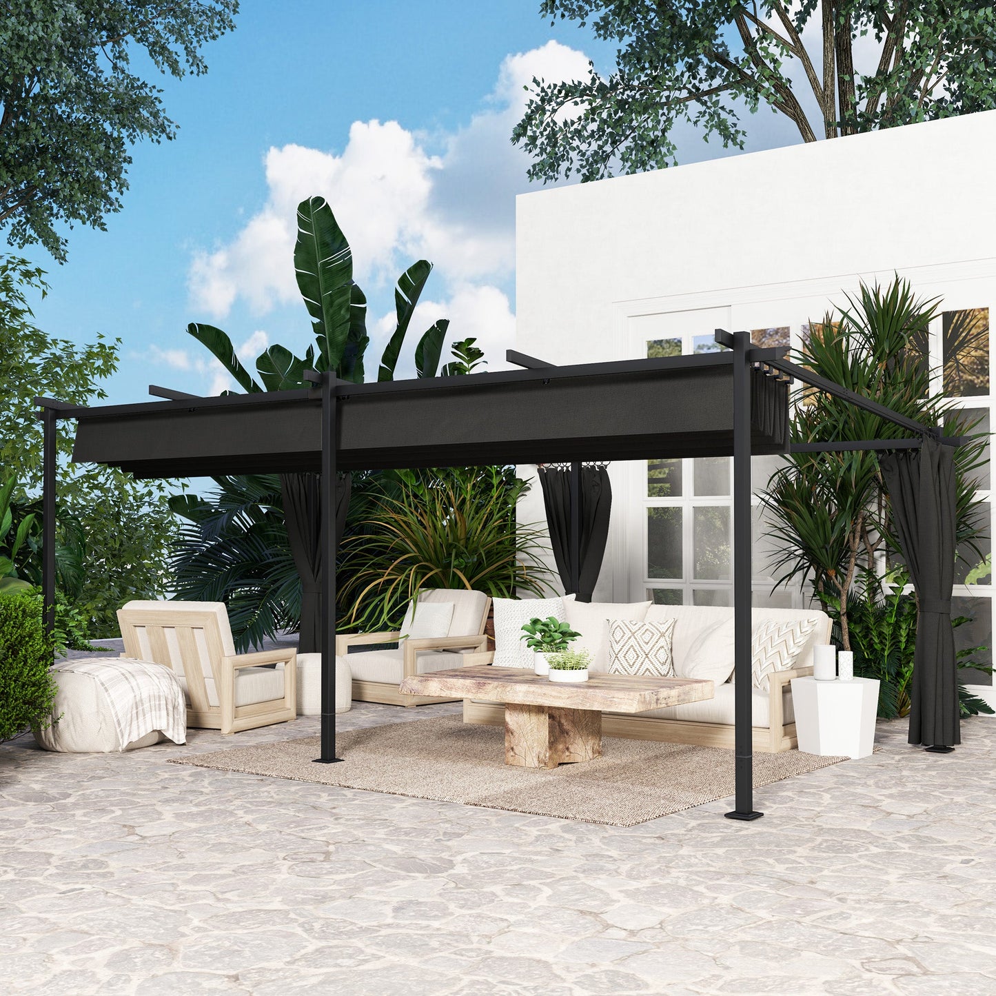 10' x 20' Retractable Pergola Canopy with Sidewalls, Metal Outdoor Gazebo UPF30+ Sun Shade Shelter for Garden, Porch, Patio, Deck, Dark Grey