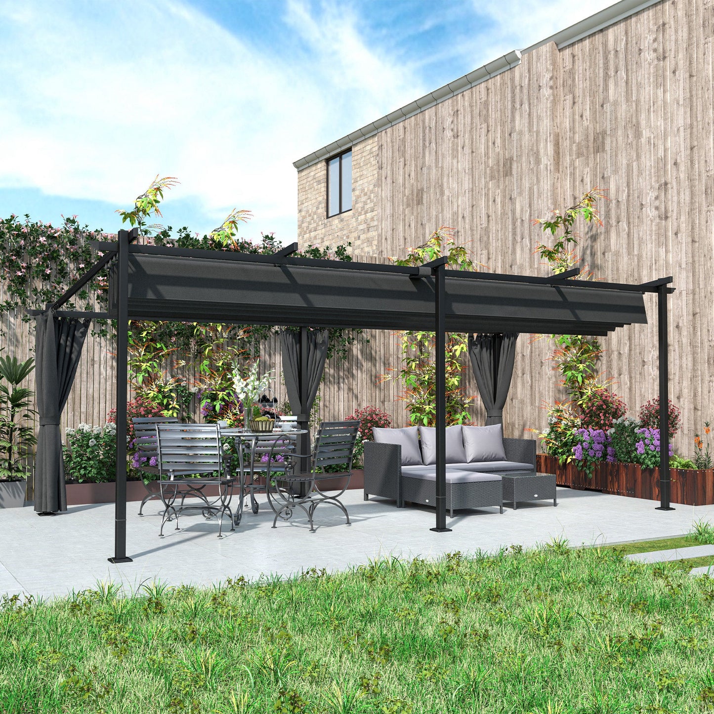 10' x 20' Retractable Pergola Canopy with Sidewalls, Metal Outdoor Gazebo UPF30+ Sun Shade Shelter for Garden, Porch, Patio, Deck, Dark Grey