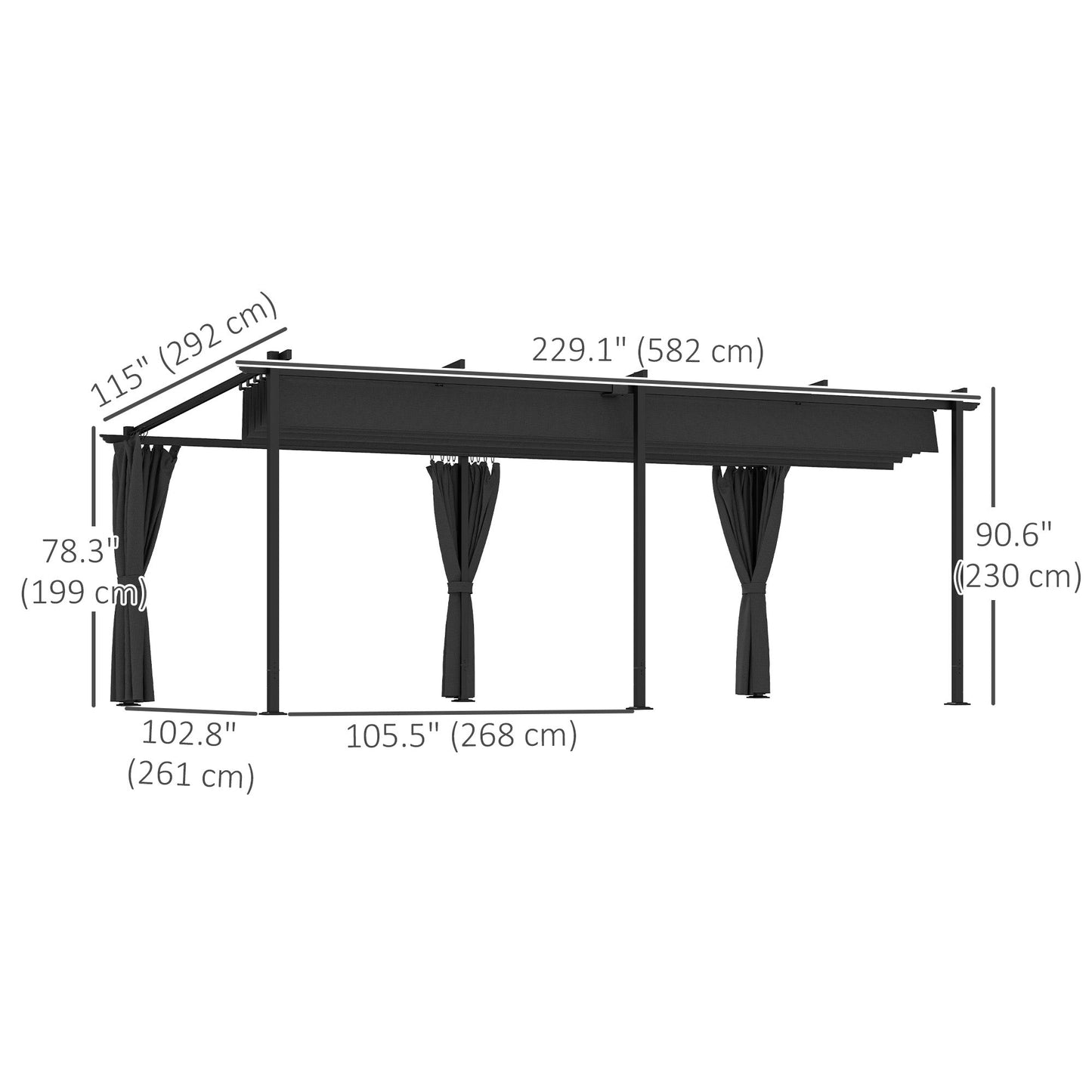 10' x 20' Retractable Pergola Canopy with Sidewalls, Metal Outdoor Gazebo UPF30+ Sun Shade Shelter for Garden, Porch, Patio, Deck, Dark Grey