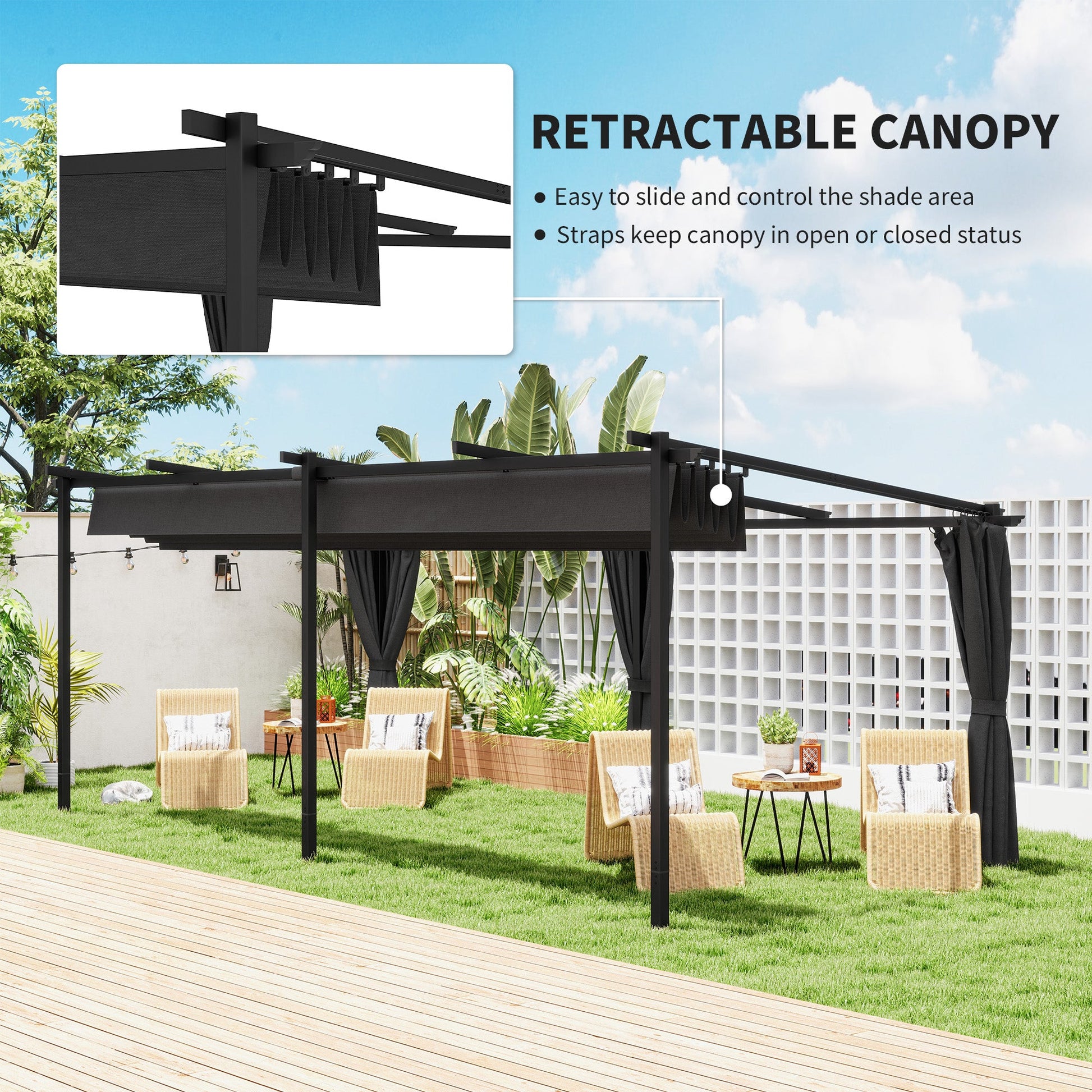 10' x 20' Retractable Pergola Canopy with Sidewalls, Metal Outdoor Gazebo UPF30+ Sun Shade Shelter for Garden, Porch, Patio, Deck, Dark Grey