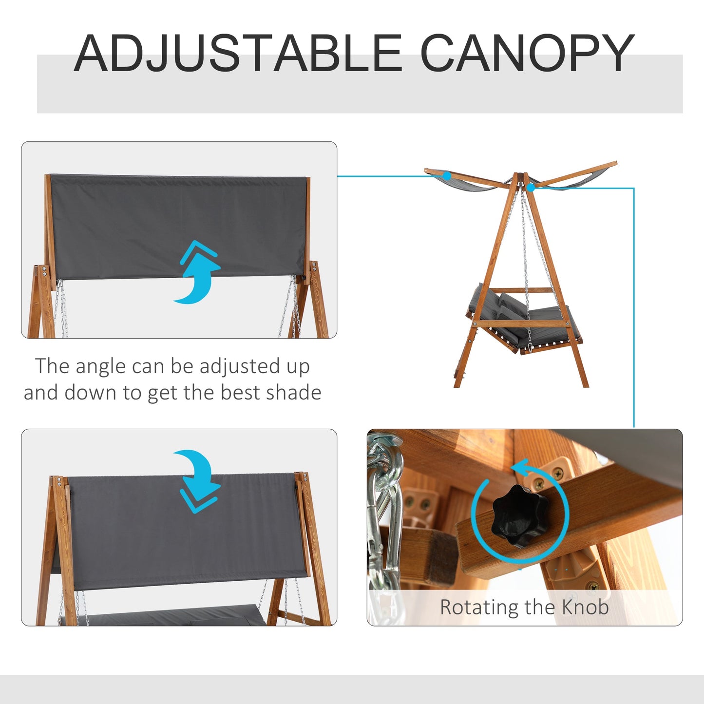 3 Seater Patio Swing Chair Convertible Cushioned Porch Swing Bed Outdoor Swing Seat with Canopy, Wood Frame for Porch, Backyard, Garden, Balcony, Teak and Grey