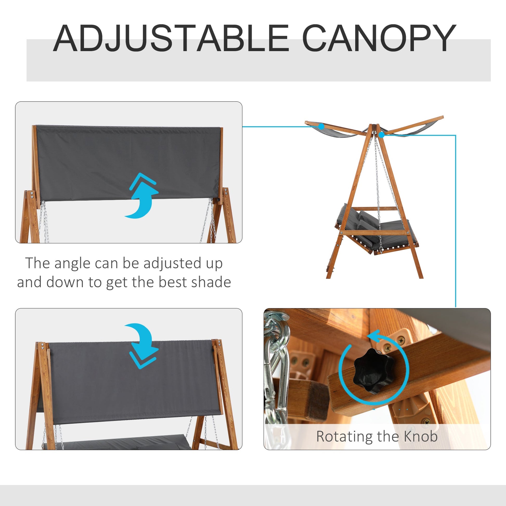 3 Seater Patio Swing Chair Convertible Cushioned Porch Swing Bed Outdoor Swing Seat with Canopy, Wood Frame for Porch, Backyard, Garden, Balcony, Teak and Grey