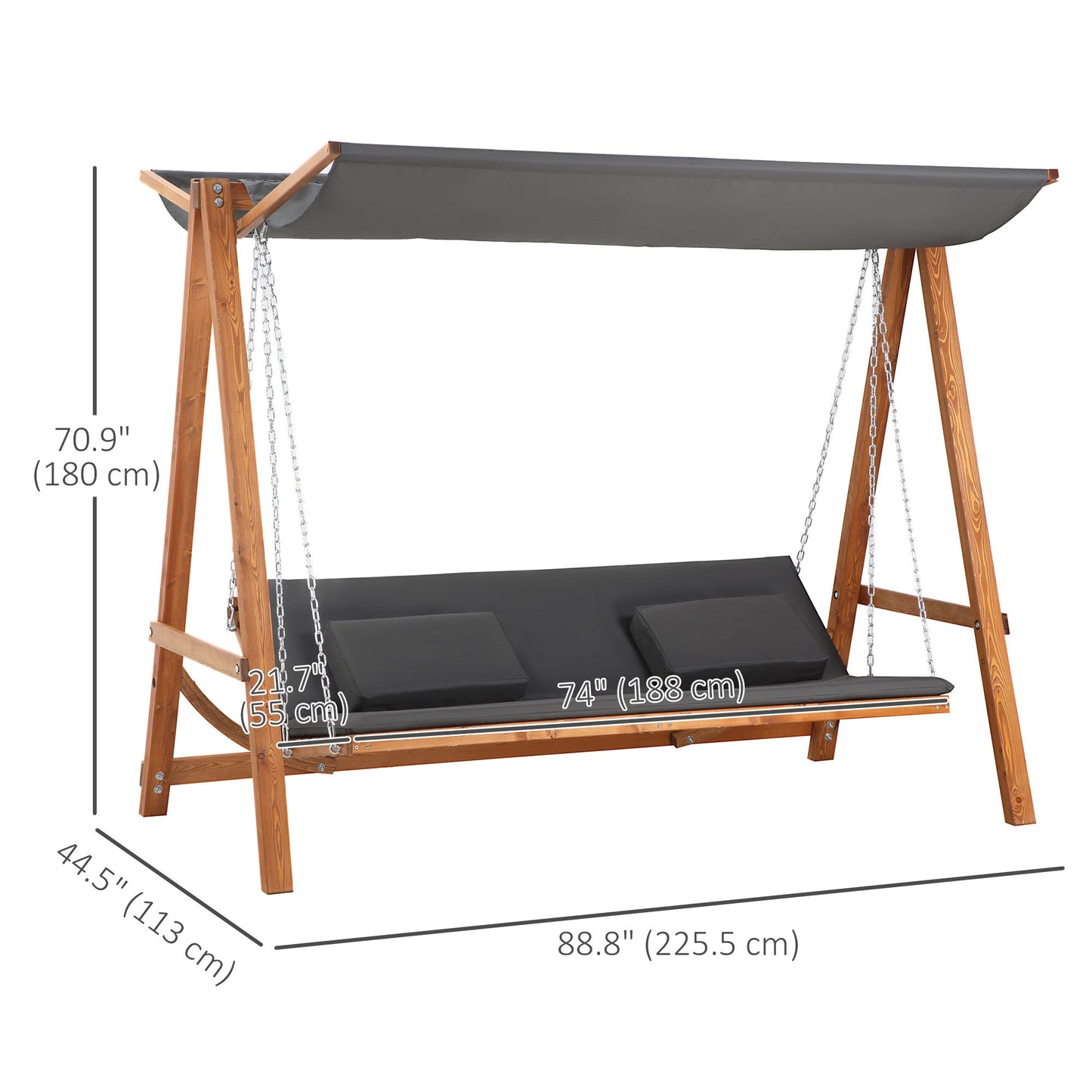 3 Seater Patio Swing Chair Convertible Cushioned Porch Swing Bed Outdoor Swing Seat with Canopy, Wood Frame for Porch, Backyard, Garden, Balcony, Teak and Grey