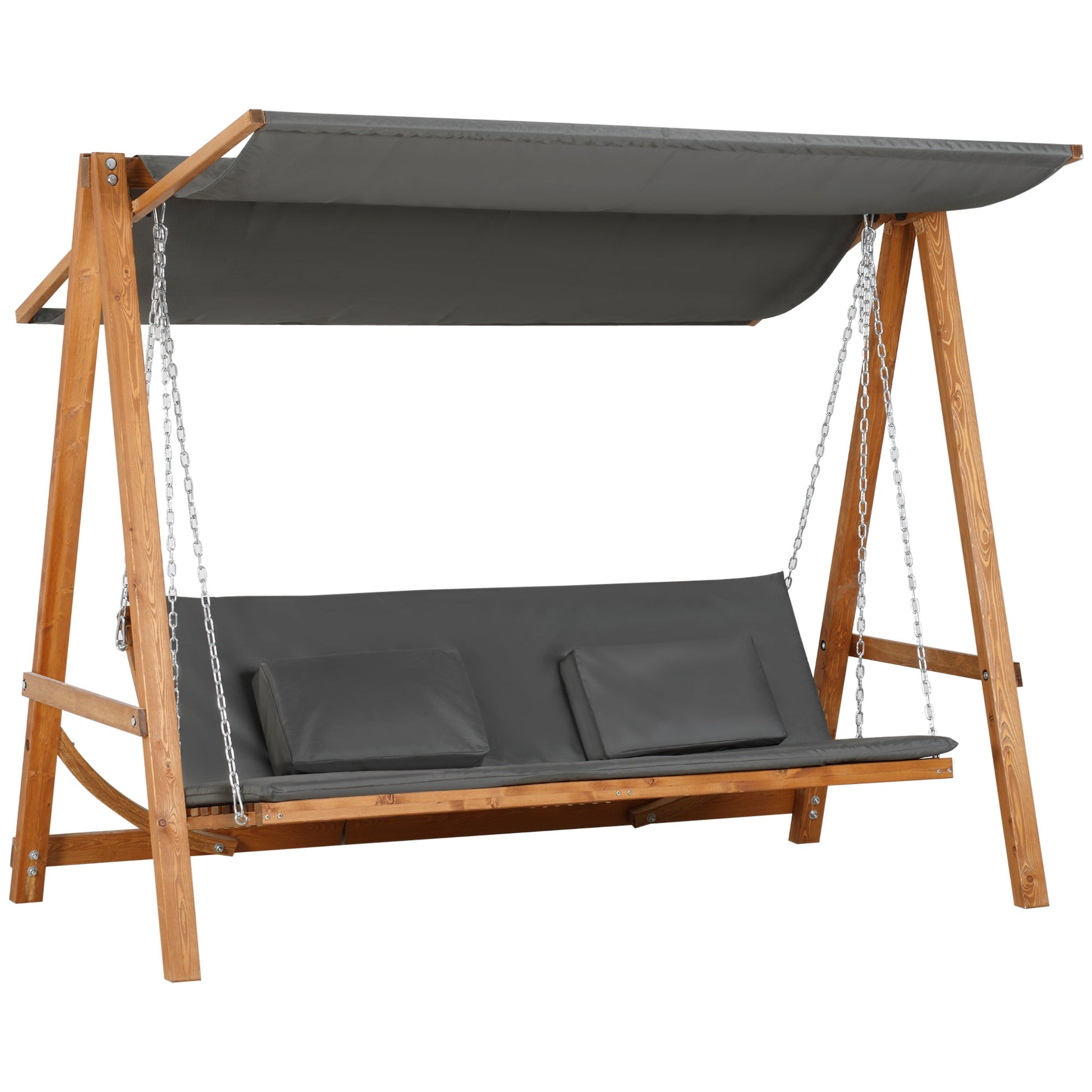 3 Seater Patio Swing Chair Convertible Cushioned Porch Swing Bed Outdoor Swing Seat with Canopy, Wood Frame for Porch, Backyard, Garden, Balcony, Teak and Grey