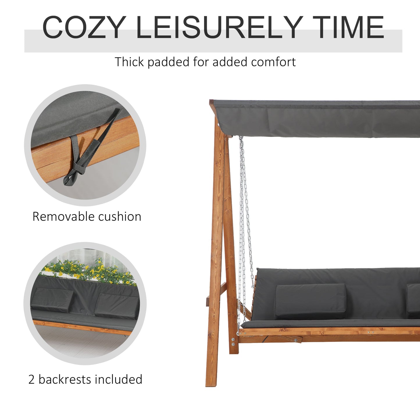 3 Seater Patio Swing Chair Convertible Cushioned Porch Swing Bed Outdoor Swing Seat with Canopy, Wood Frame for Porch, Backyard, Garden, Balcony, Teak and Grey