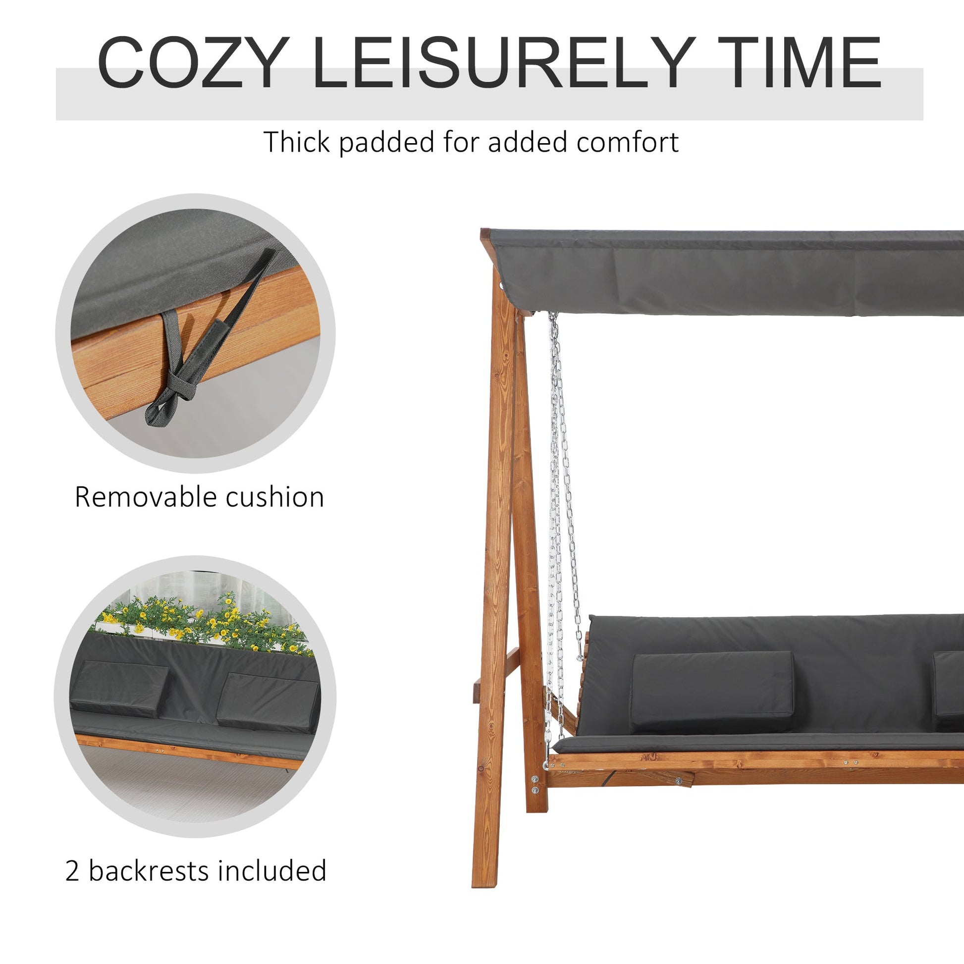 3 Seater Patio Swing Chair Convertible Cushioned Porch Swing Bed Outdoor Swing Seat with Canopy, Wood Frame for Porch, Backyard, Garden, Balcony, Teak and Grey