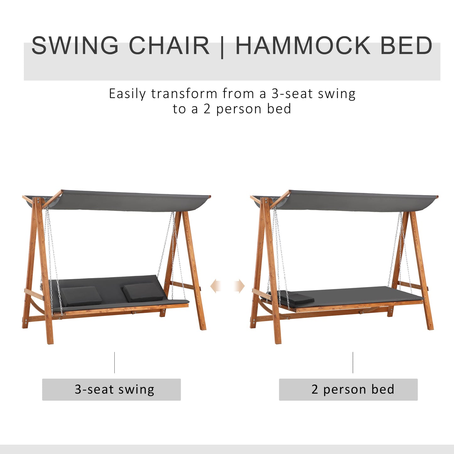 3 Seater Patio Swing Chair Convertible Cushioned Porch Swing Bed Outdoor Swing Seat with Canopy, Wood Frame for Porch, Backyard, Garden, Balcony, Teak and Grey