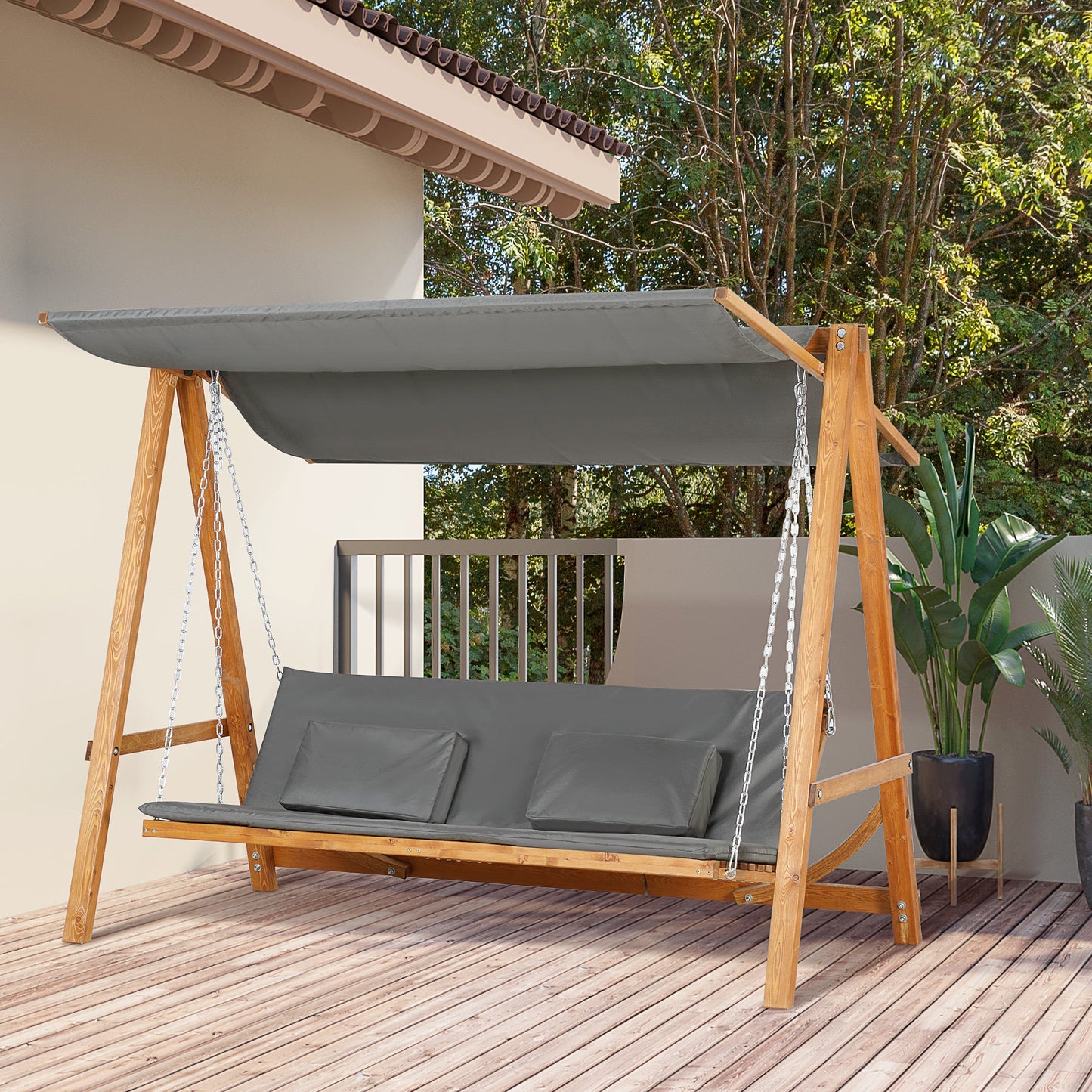 3 Seater Patio Swing Chair Convertible Cushioned Porch Swing Bed Outdoor Swing Seat with Canopy, Wood Frame for Porch, Backyard, Garden, Balcony, Teak and Grey
