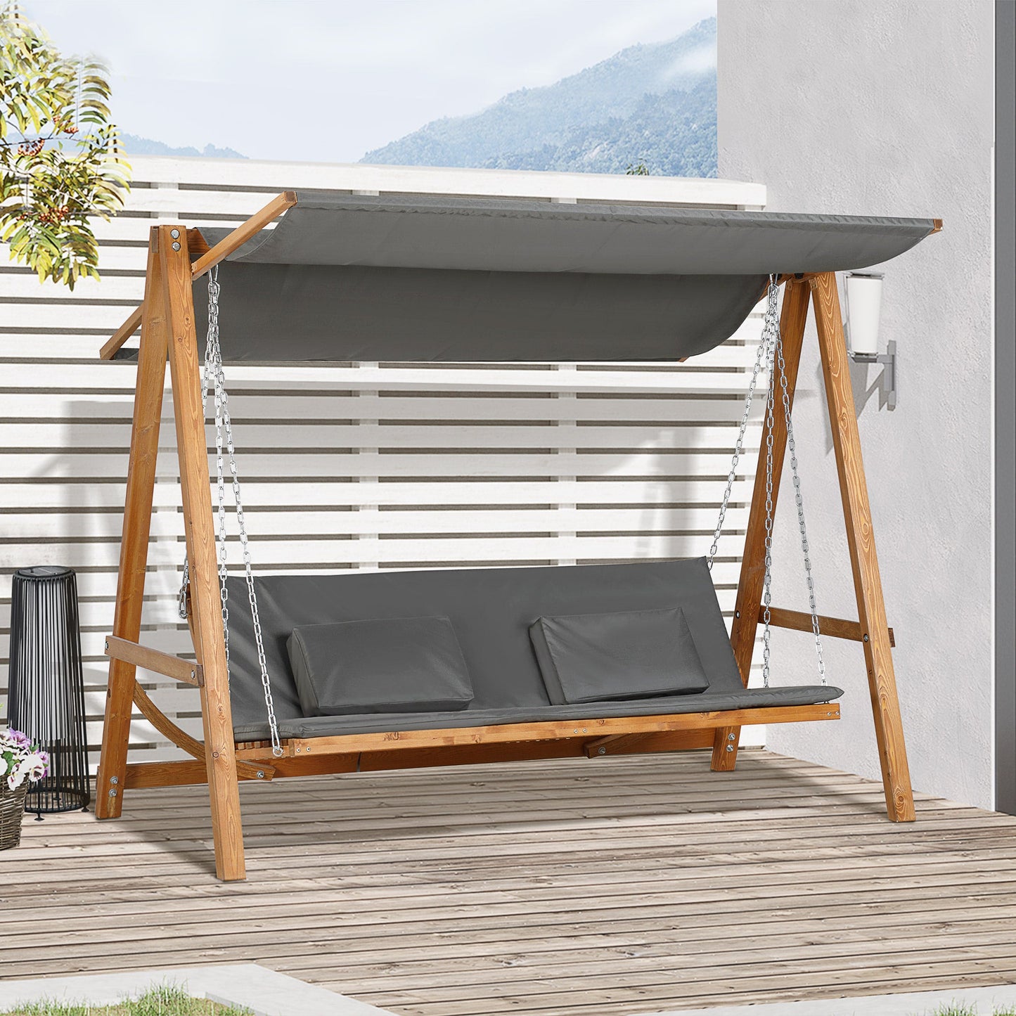 3 Seater Patio Swing Chair Convertible Cushioned Porch Swing Bed Outdoor Swing Seat with Canopy, Wood Frame for Porch, Backyard, Garden, Balcony, Teak and Grey