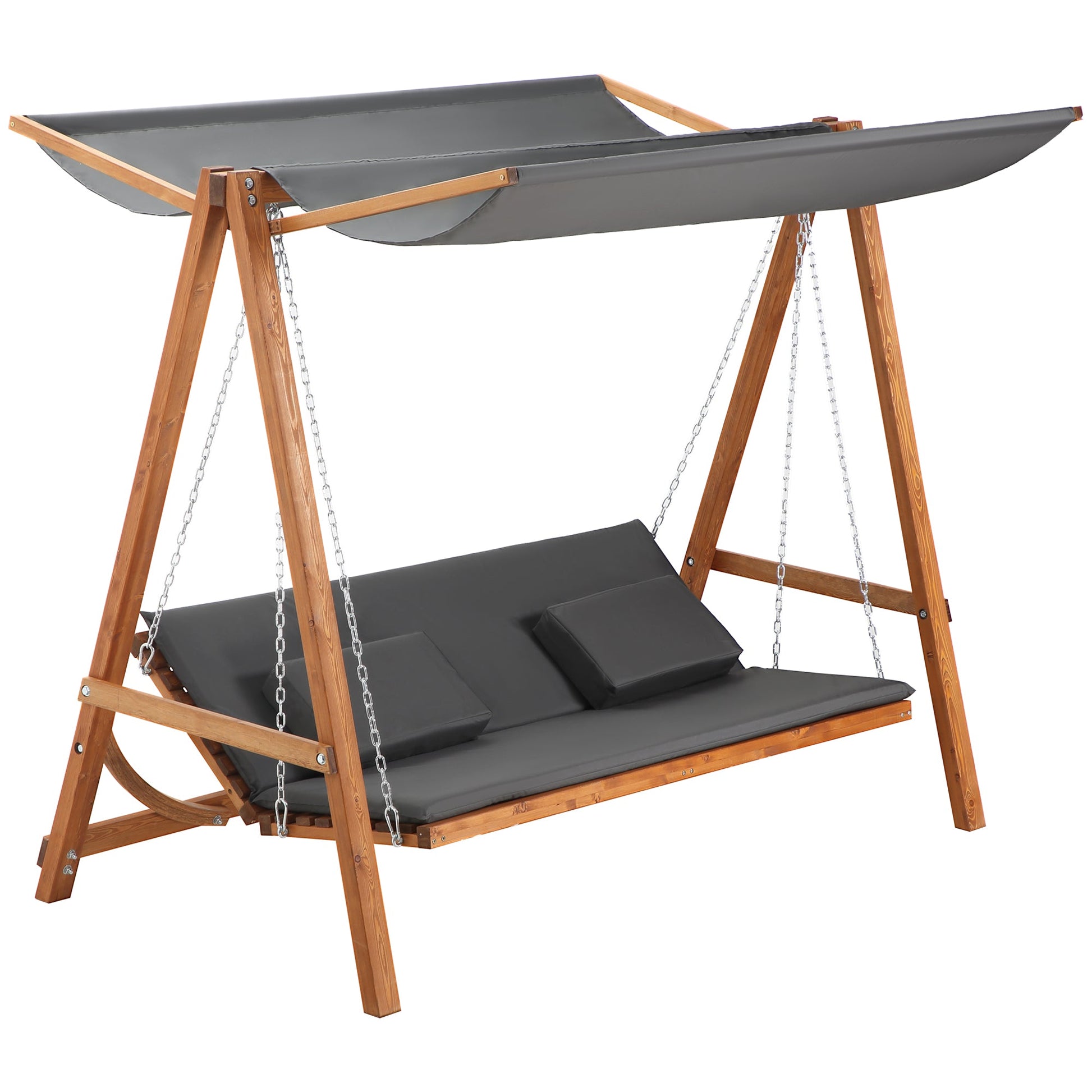 3 Seater Patio Swing Chair Convertible Cushioned Porch Swing Bed Outdoor Swing Seat with Canopy, Wood Frame for Porch, Backyard, Garden, Balcony, Teak and Grey