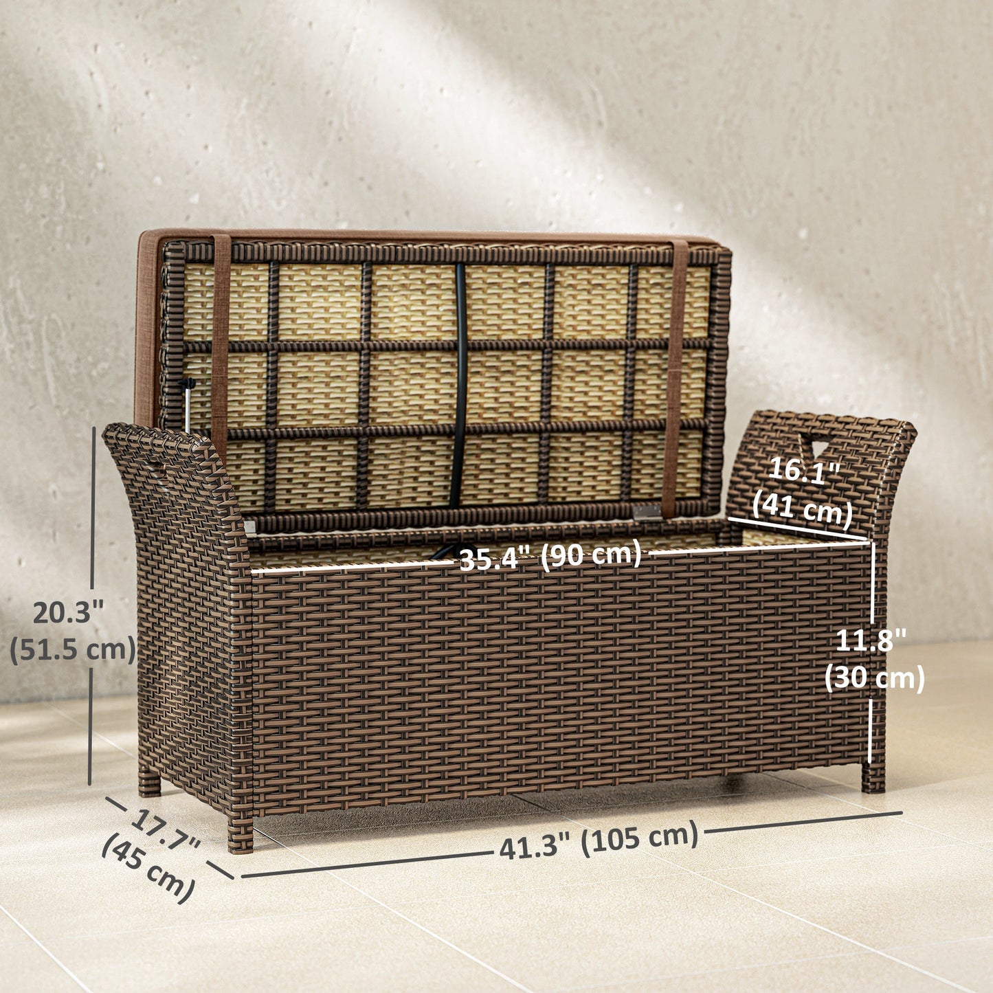 2-In-1 Patio Wicker Storage Bench, 29 Gallon Outdoor PE Rattan Patio Furniture, Large Capacity Rectangle Basket Box with Handles and Cushion, Tan