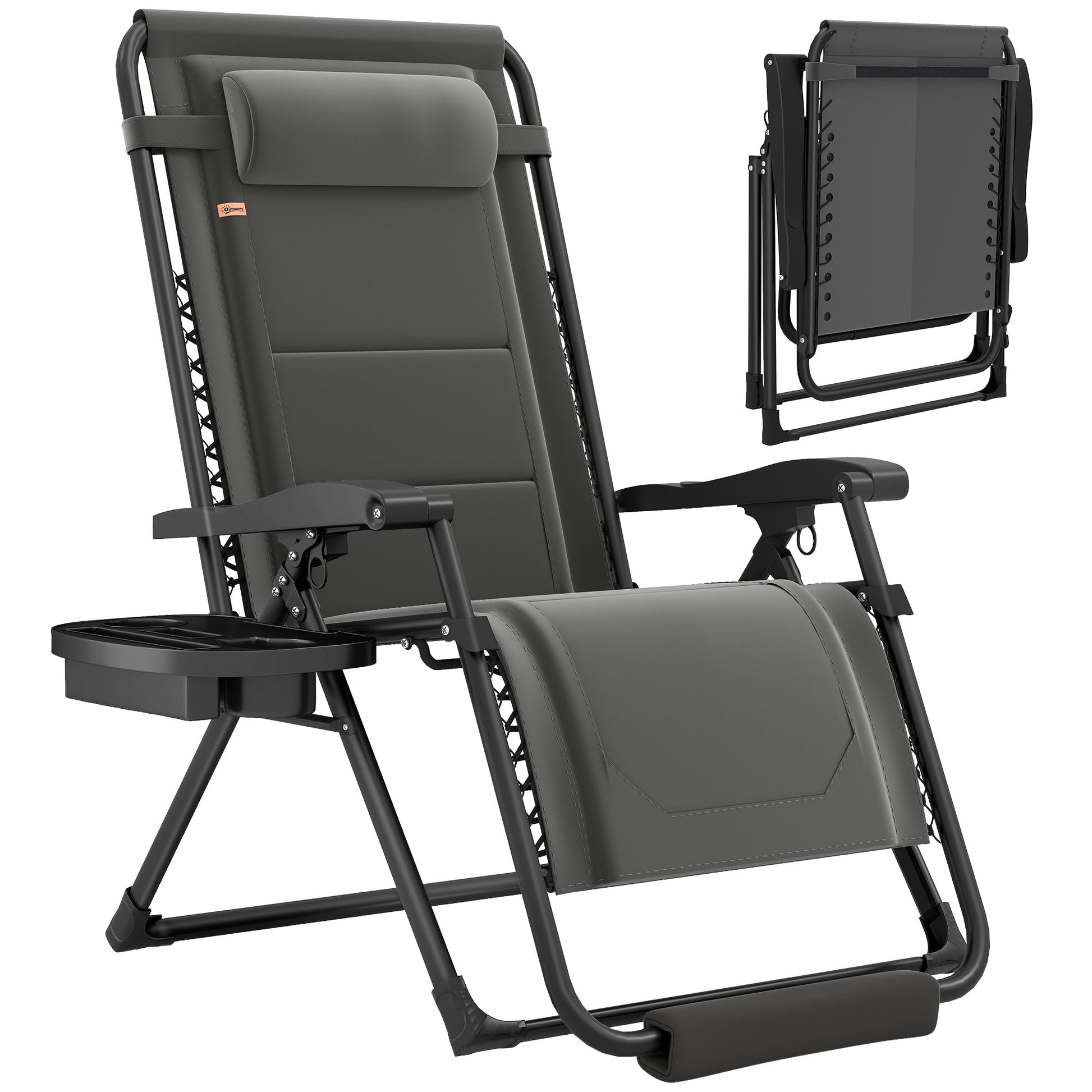 Zero Gravity Lounger Chair, Padded Folding Reclining Patio Chair with Cup Holder, Detachable Headrest, Extra Wide Seat, 400 LBS Capacity for Pool, Camping, Dark Grey