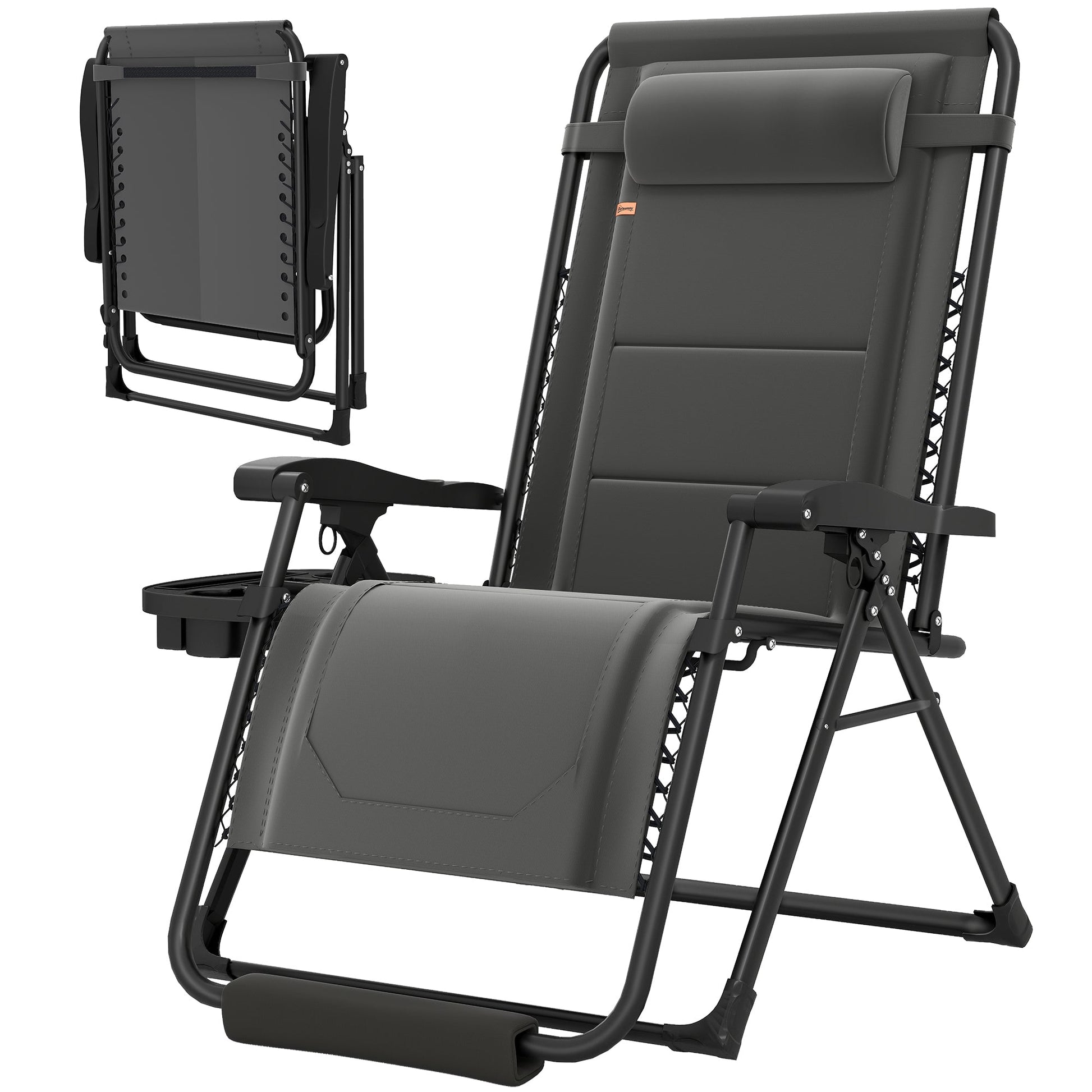 Zero Gravity Lounger Chair, Padded Folding Reclining Patio Chair with Cup Holder, Detachable Headrest, Extra Wide Seat, 400 LBS Capacity for Pool, Camping, Dark Grey