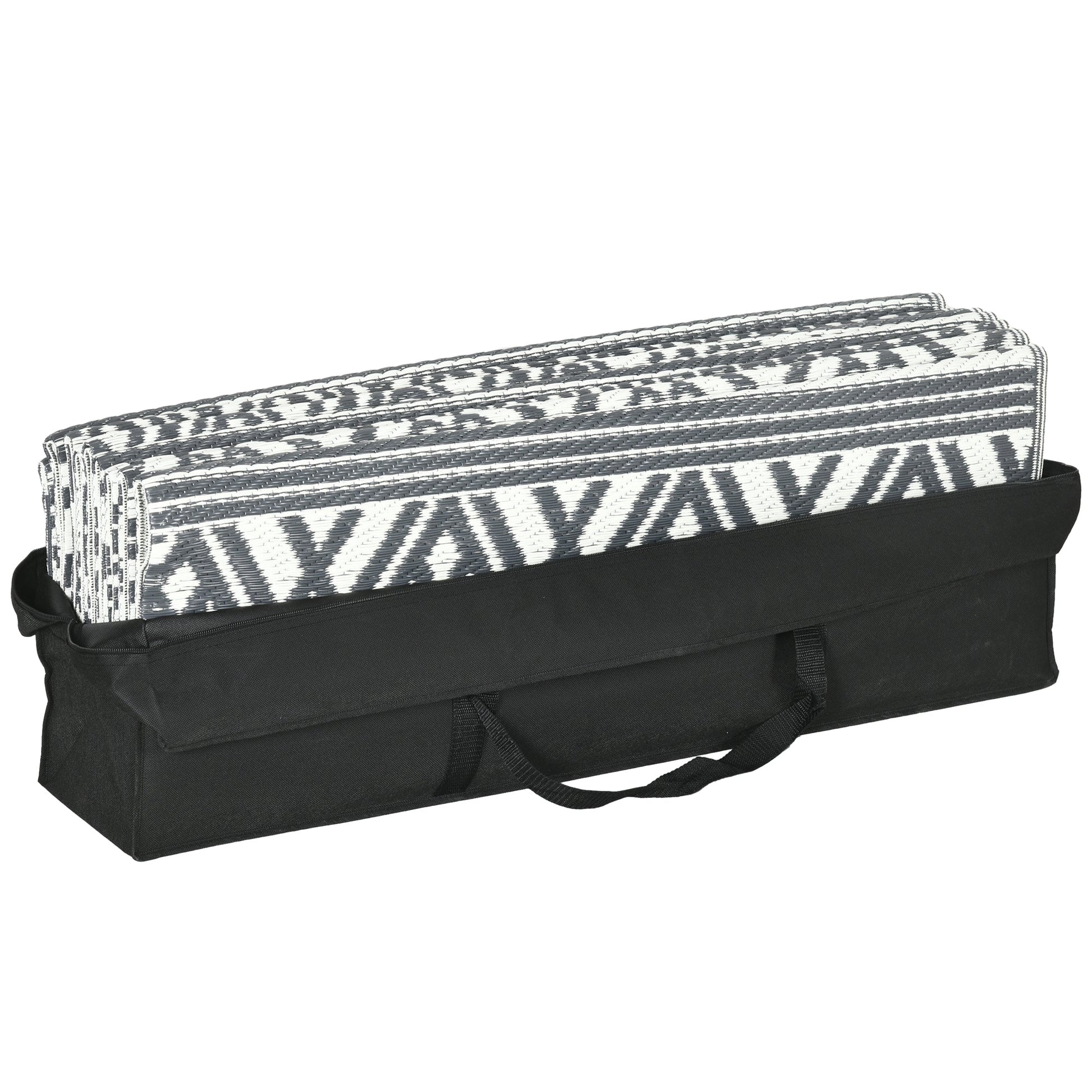 Portable Outdoor Rug with Carry Bag, 9' x 18' Reversible Mat, Waterproof Plastic Straw RV Rug for Backyard, Deck, Picnic, Beach, Camping, Grey and Cream White Boho