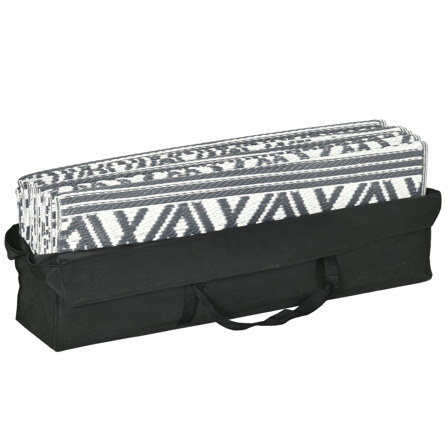 Portable Outdoor Rug with Carry Bag, 9' x 18' Reversible Mat, Waterproof Plastic Straw RV Rug for Backyard, Deck, Picnic, Beach, Camping, Grey and Cream White Boho