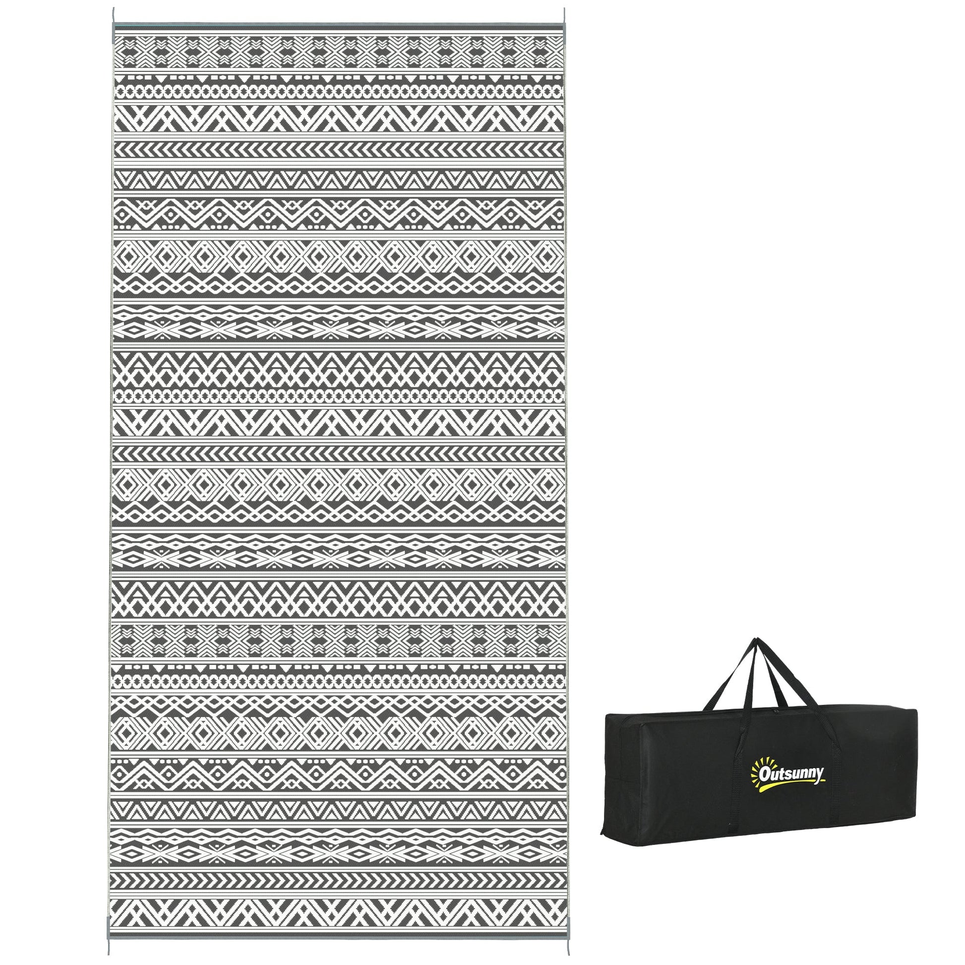 Portable Outdoor Rug with Carry Bag, 9' x 18' Reversible Mat, Waterproof Plastic Straw RV Rug for Backyard, Deck, Picnic, Beach, Camping, Grey and Cream White Boho
